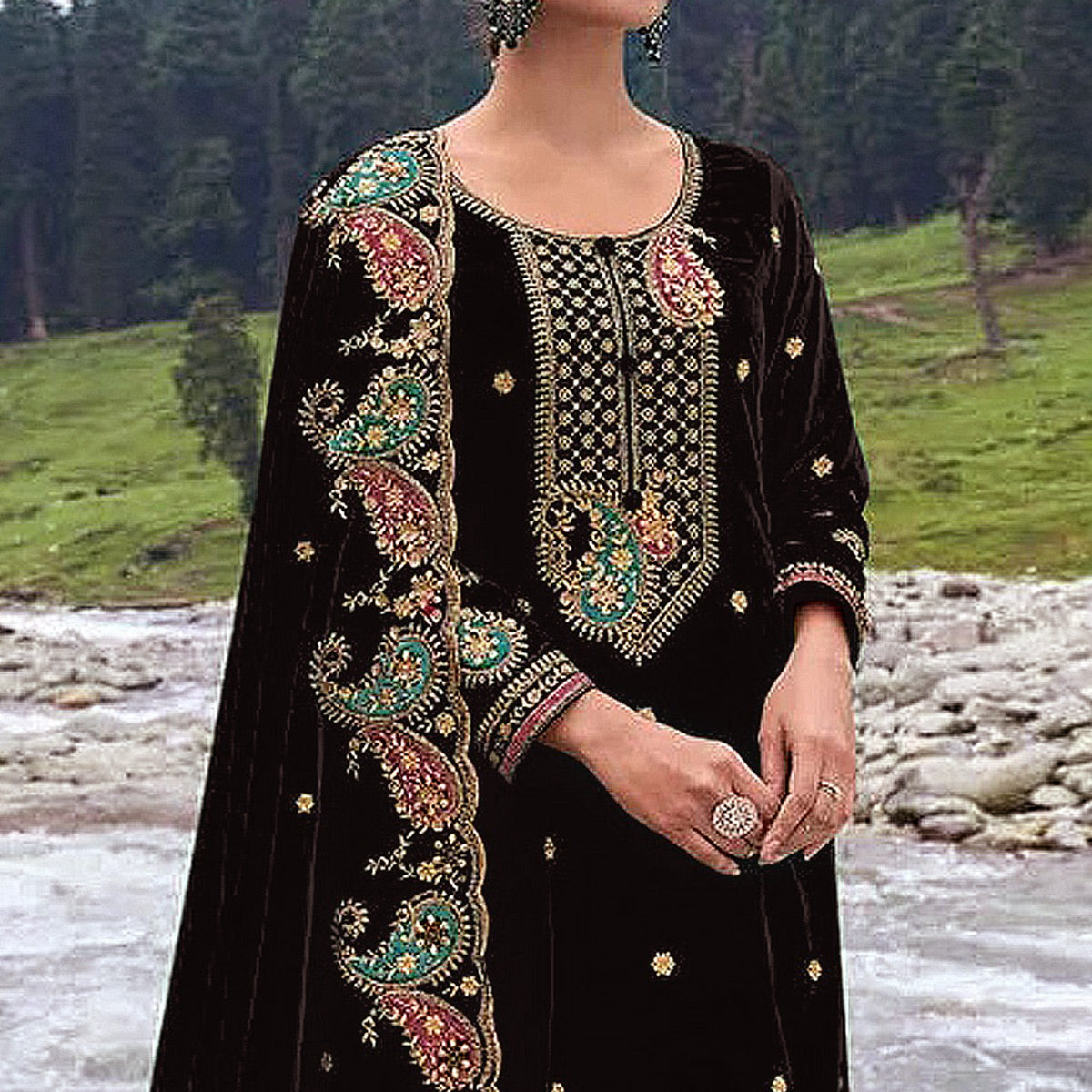 Black Floral Embroidered Velvet Semi Stitched Salwar Suit