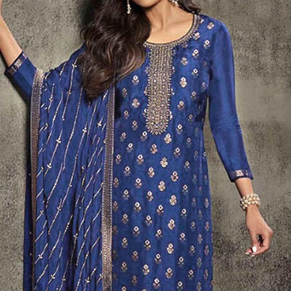 Blue Floral Woven Jacquard Semi Stitched Salwar Suit