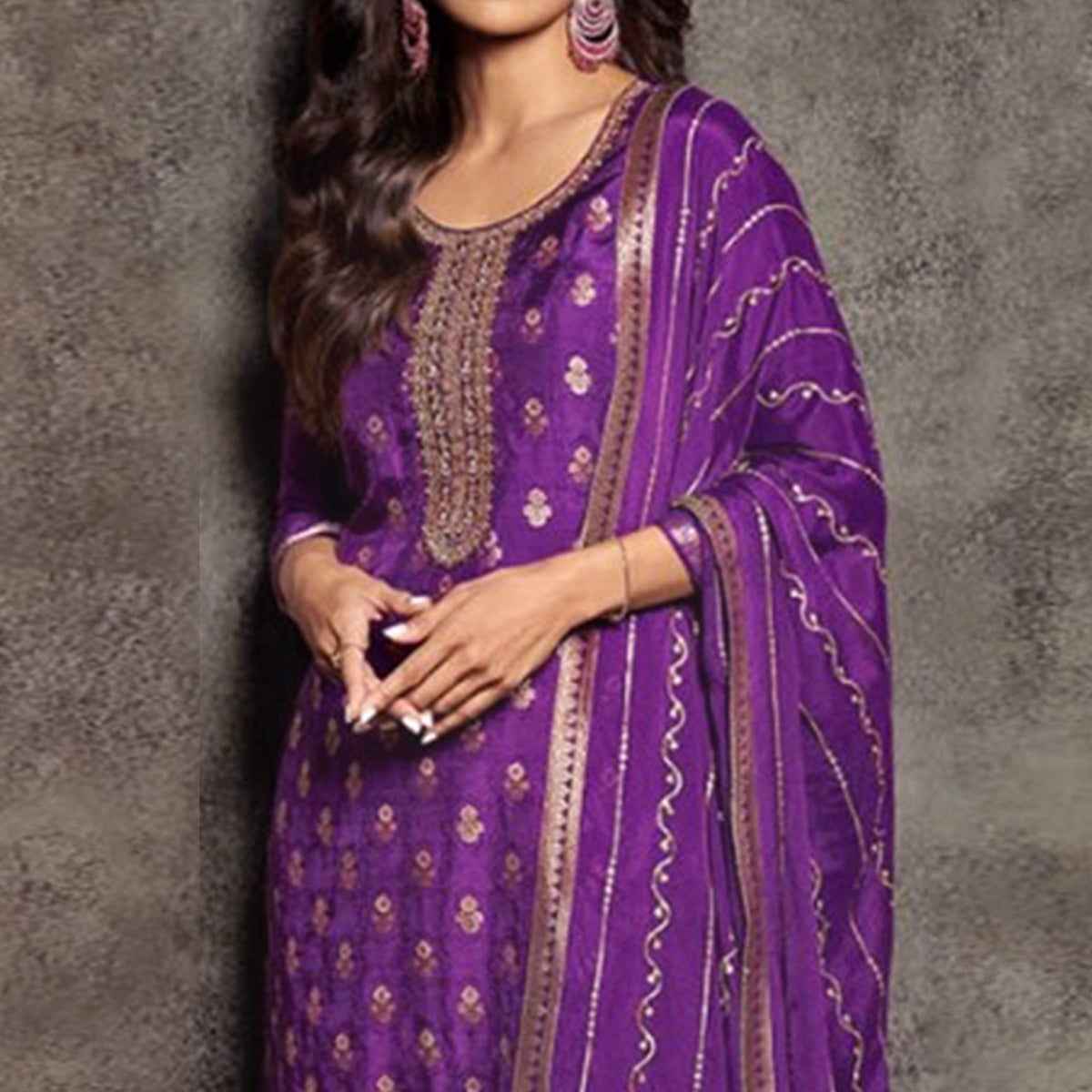 Purple Floral Woven Jacquard Semi Stitched Salwar Suit