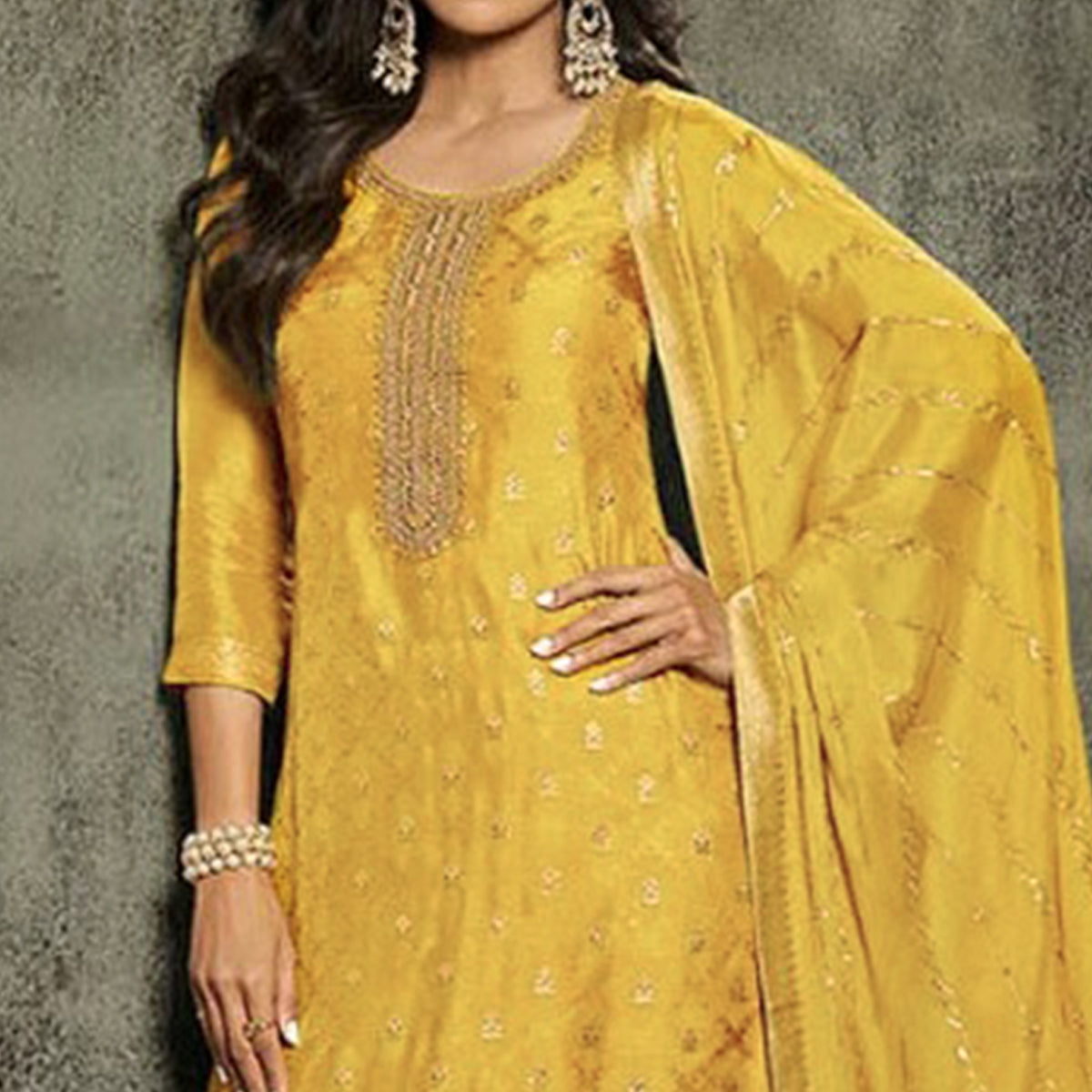 Yellow Floral Woven Jacquard Semi Stitched Salwar Suit