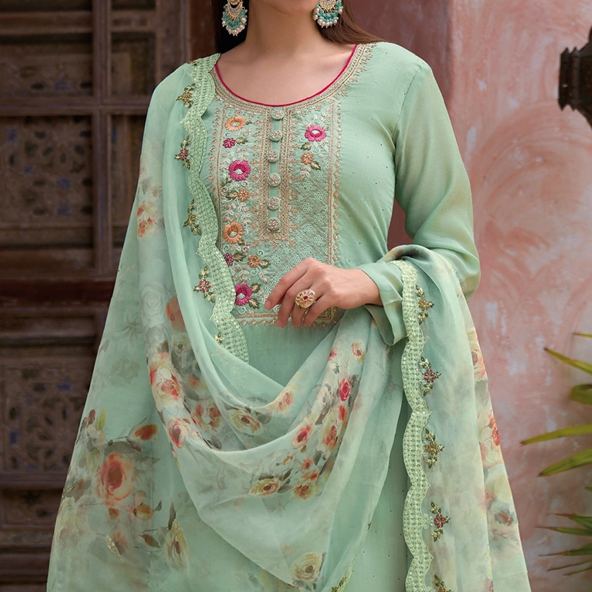 Green Floral Embroidered Viscose Semi Stitched Suit