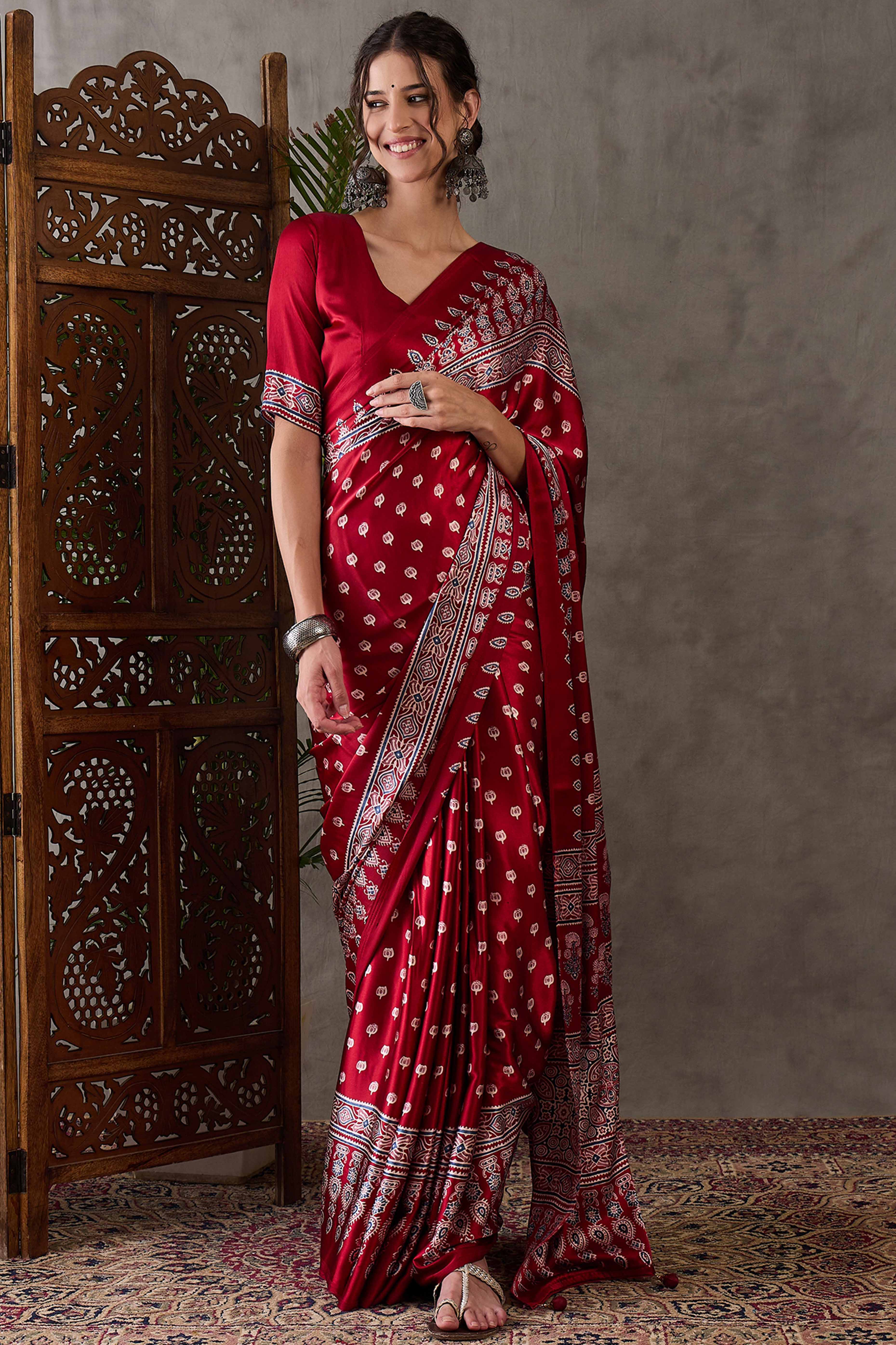 Red Ajrakh Inspired Printed Modal Satin Saree for Party Occasions