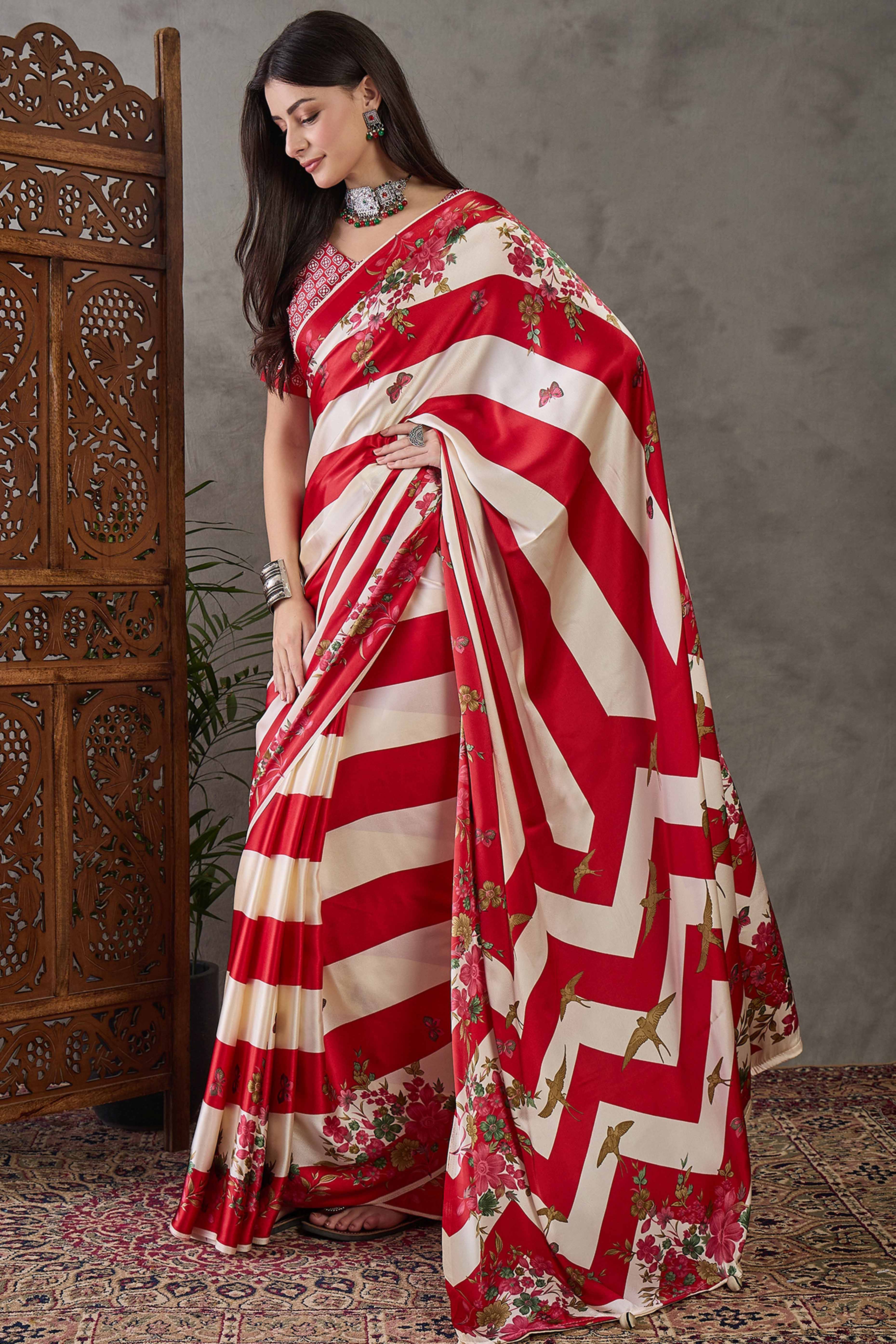 Red Floral Printed Modal Satin Party Wear Saree with a Smooth Satin Finish