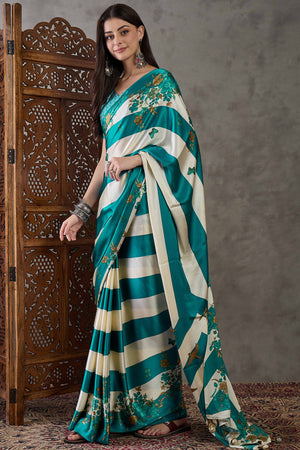 Rama Green Floral Printed Modal Satin Party Wear Saree with a Smooth Satin Finish