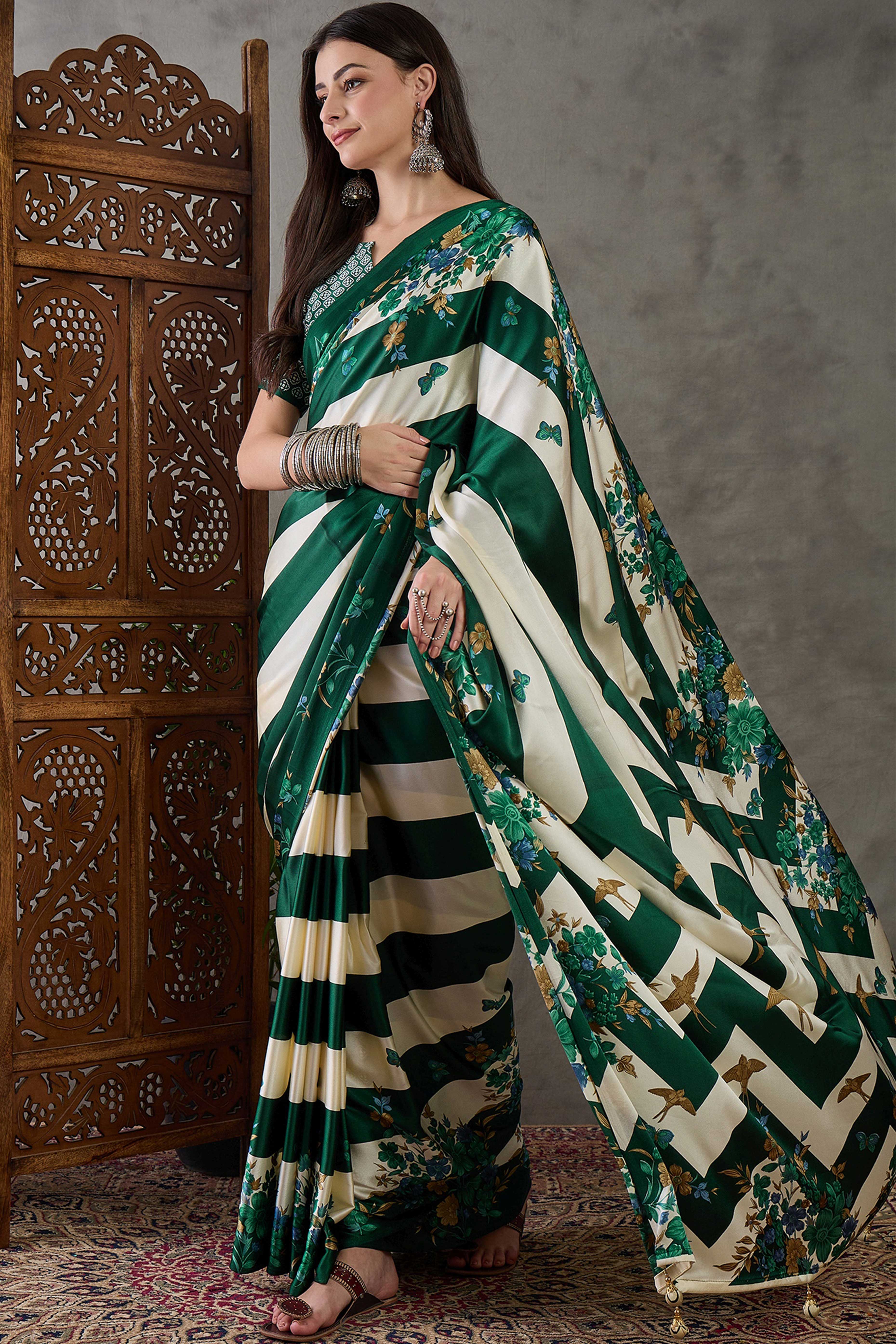 Green Floral Printed Modal Satin Party Wear Saree with a Smooth Satin Finish