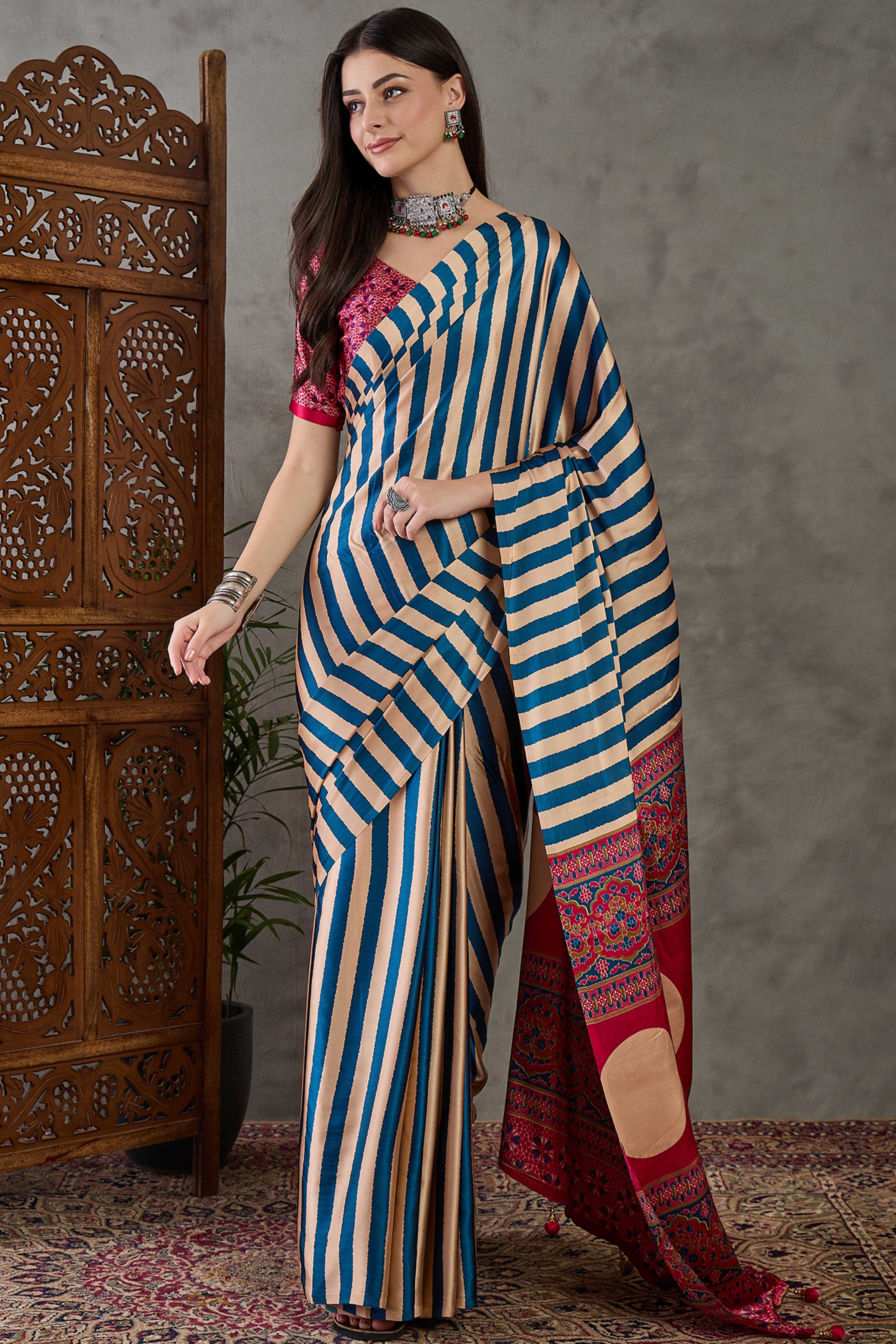 Blue Modal Satin Saree with Subtle Stripe Design and Ajrakh Print on Pallu