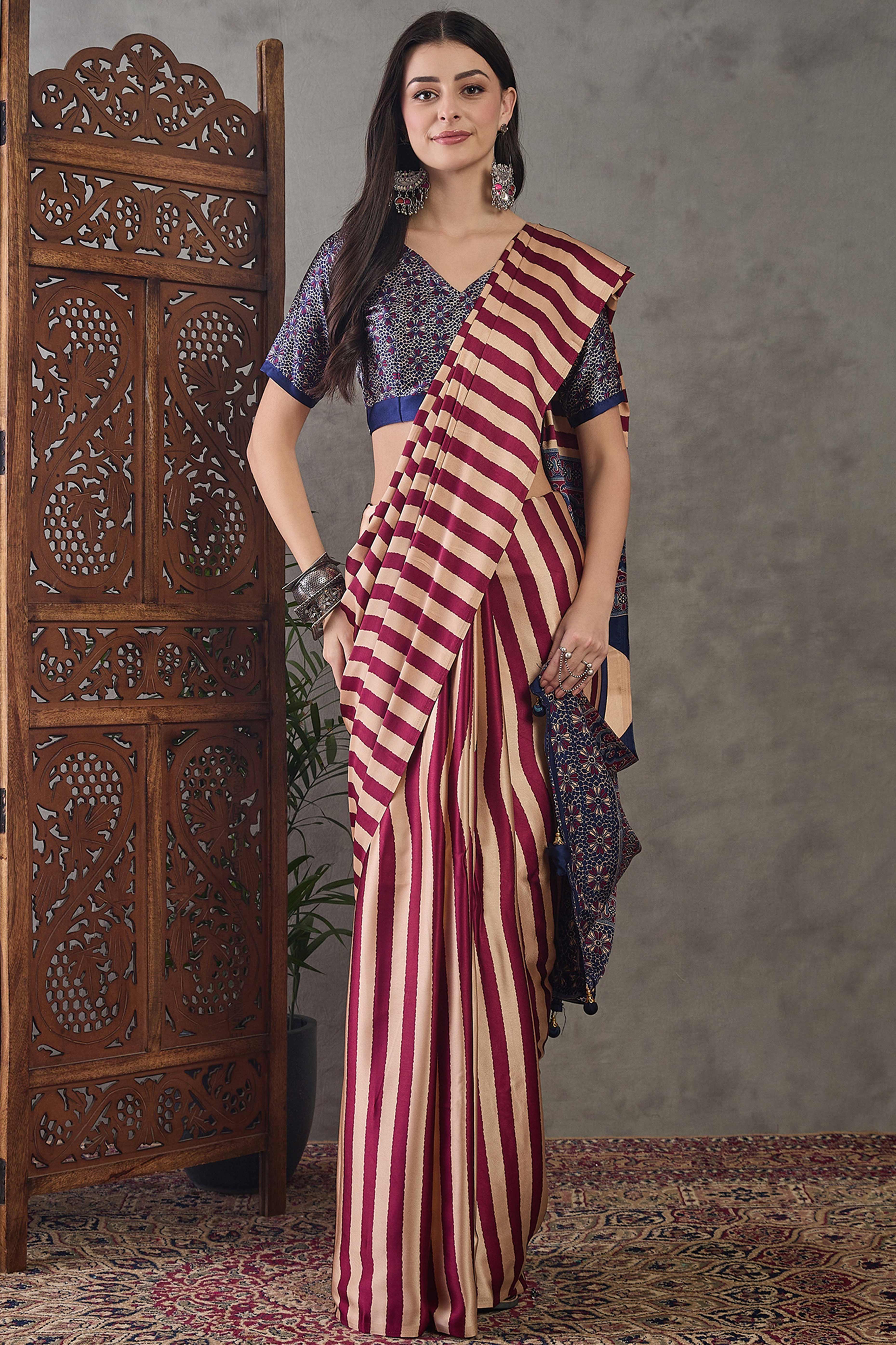 Wine Modal Satin Saree with Subtle Stripe Design and Ajrakh Print on Pallu