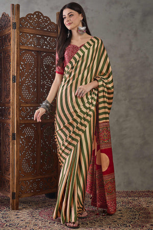 Green Modal Satin Saree with Stripe Design and Ajrakh Print on Pallu