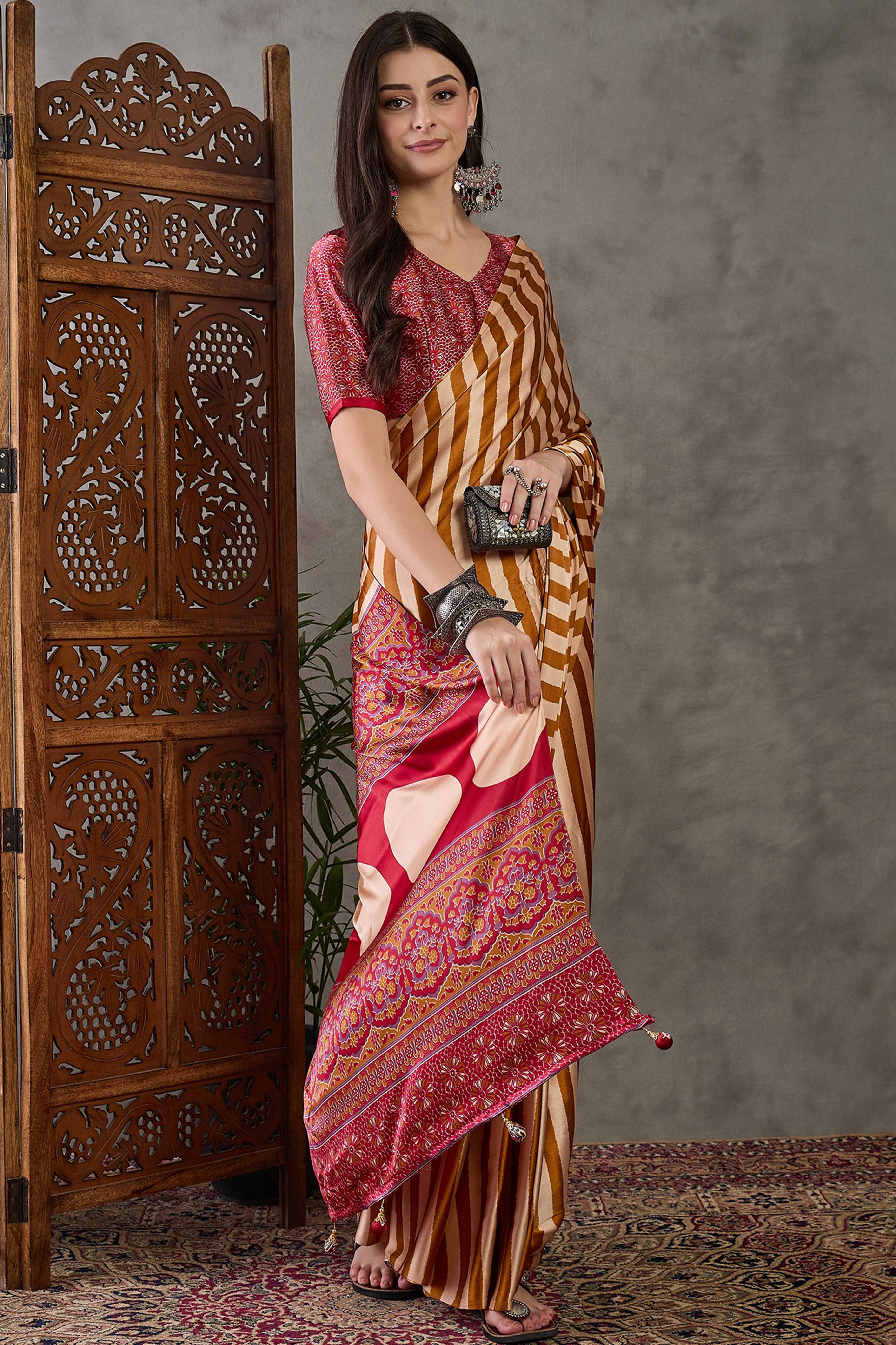 Yellow Modal Satin Saree with Subtle Stripe Design and Ajrakh Print on Pallu