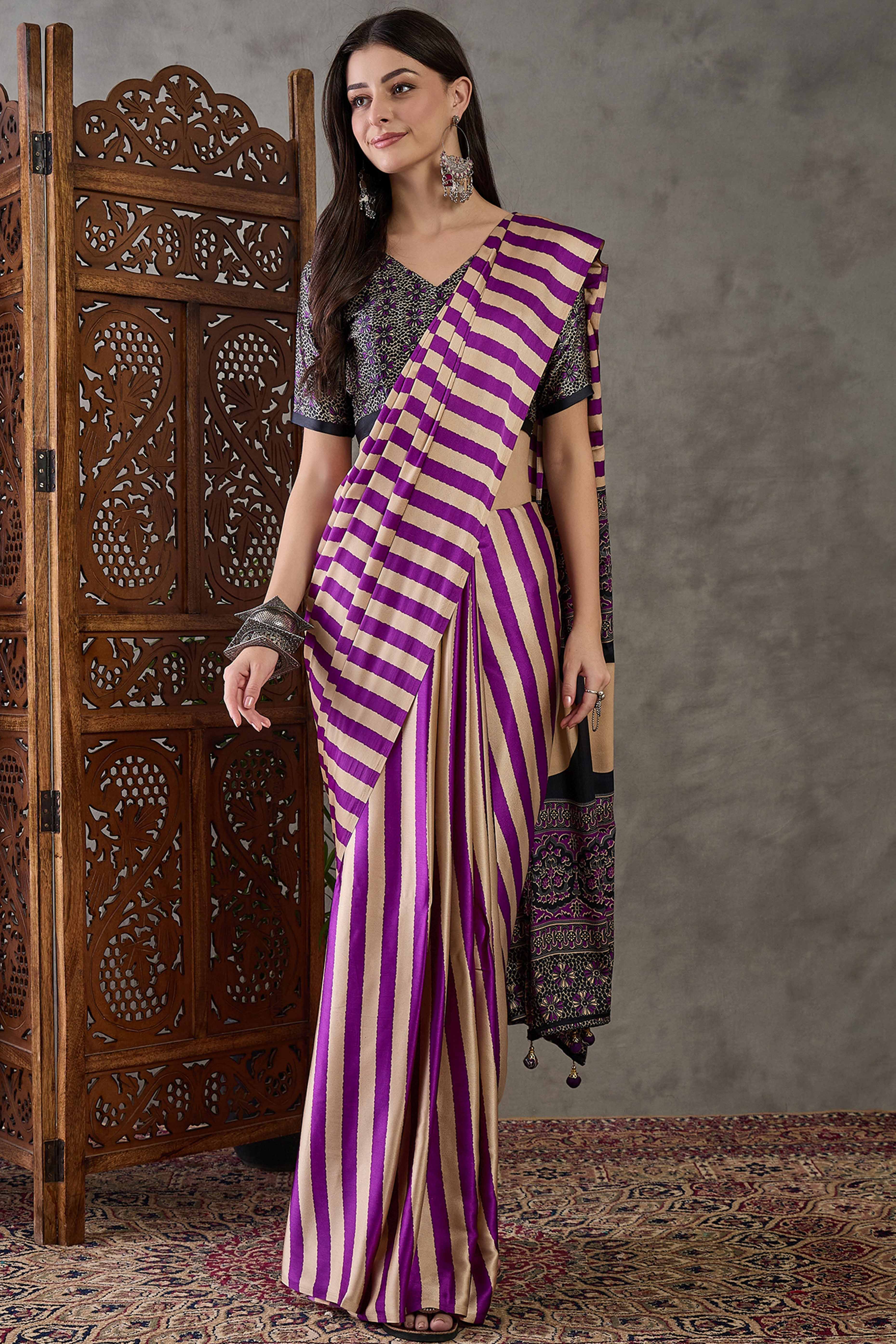 Purple Modal Satin Saree with Subtle Stripe Design and Ajrakh Print on Pallu