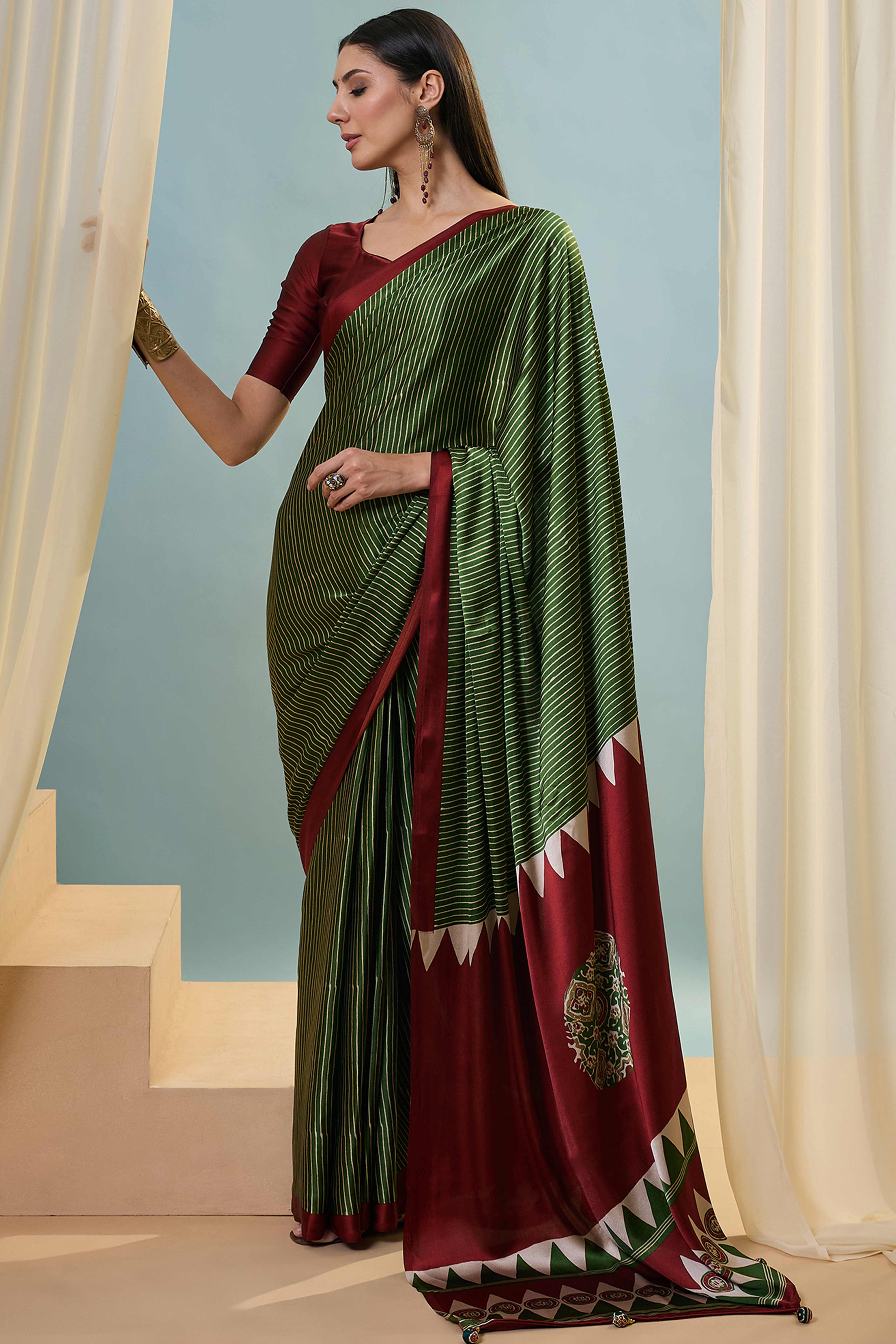 Green Ajrakh Print Satin Saree With Traditional Charm