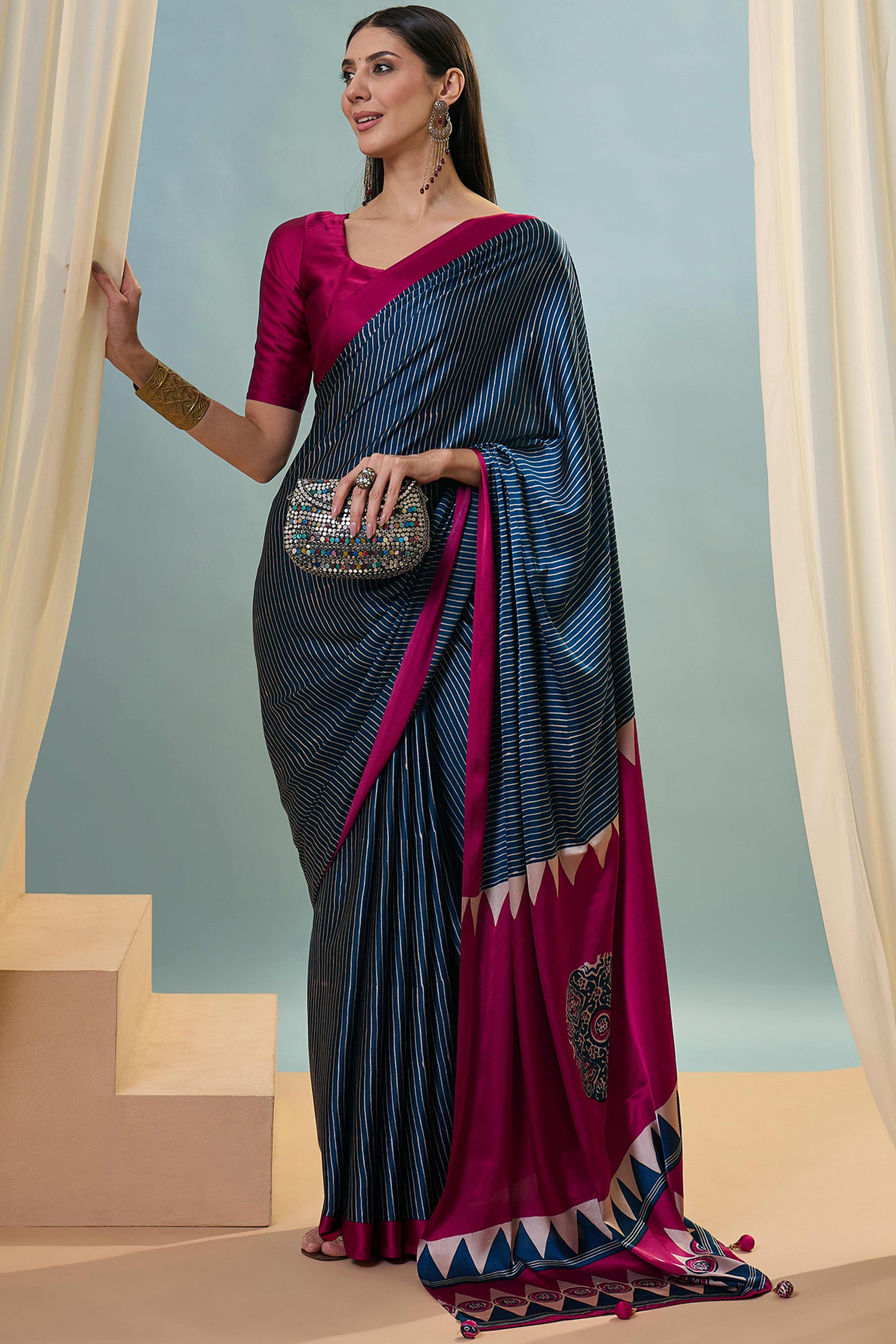 Blue Ajrakh Print Satin Saree With Traditional Charm