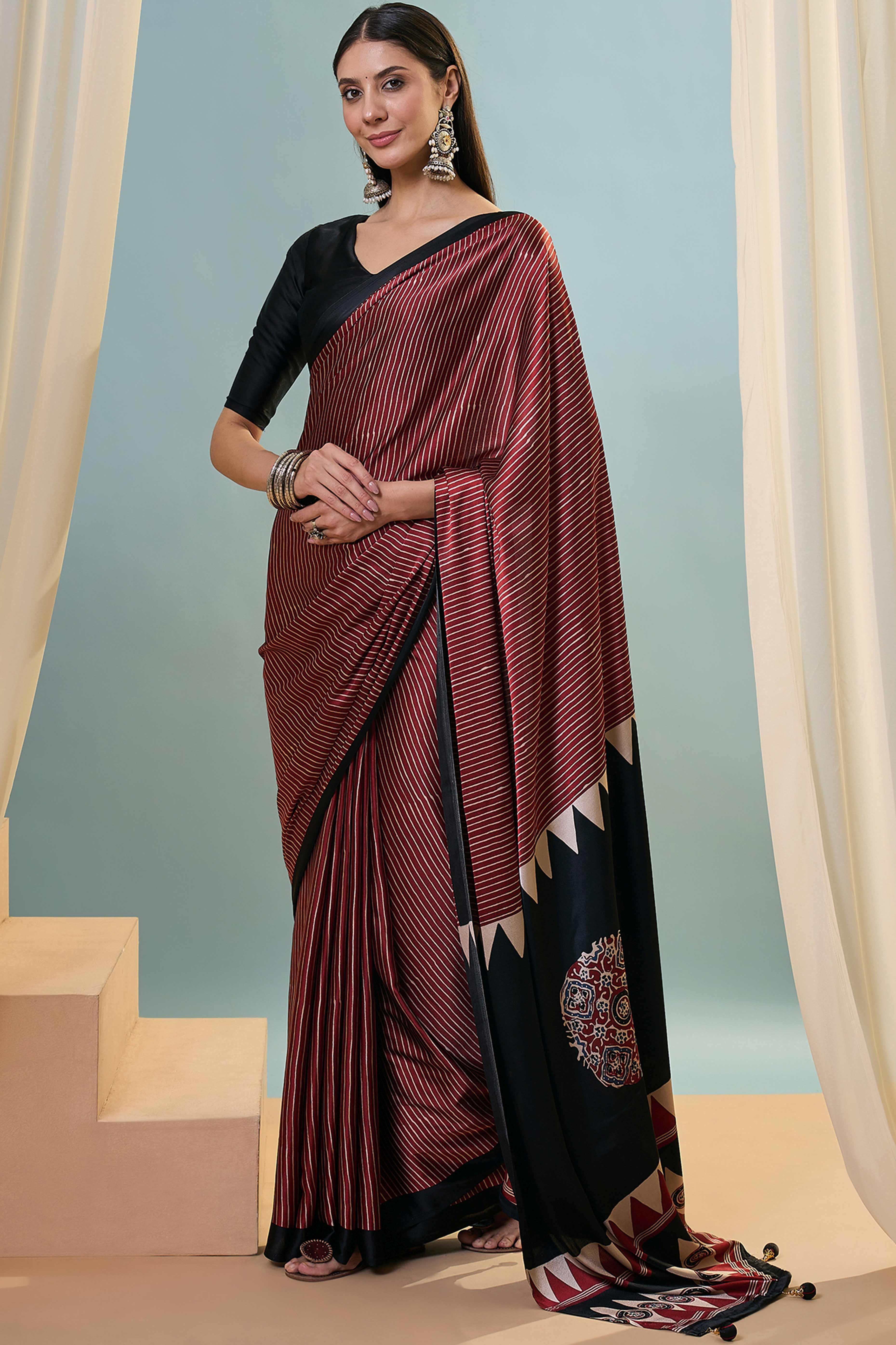 Maroon Ajrakh Print Satin Saree With Traditional Charm
