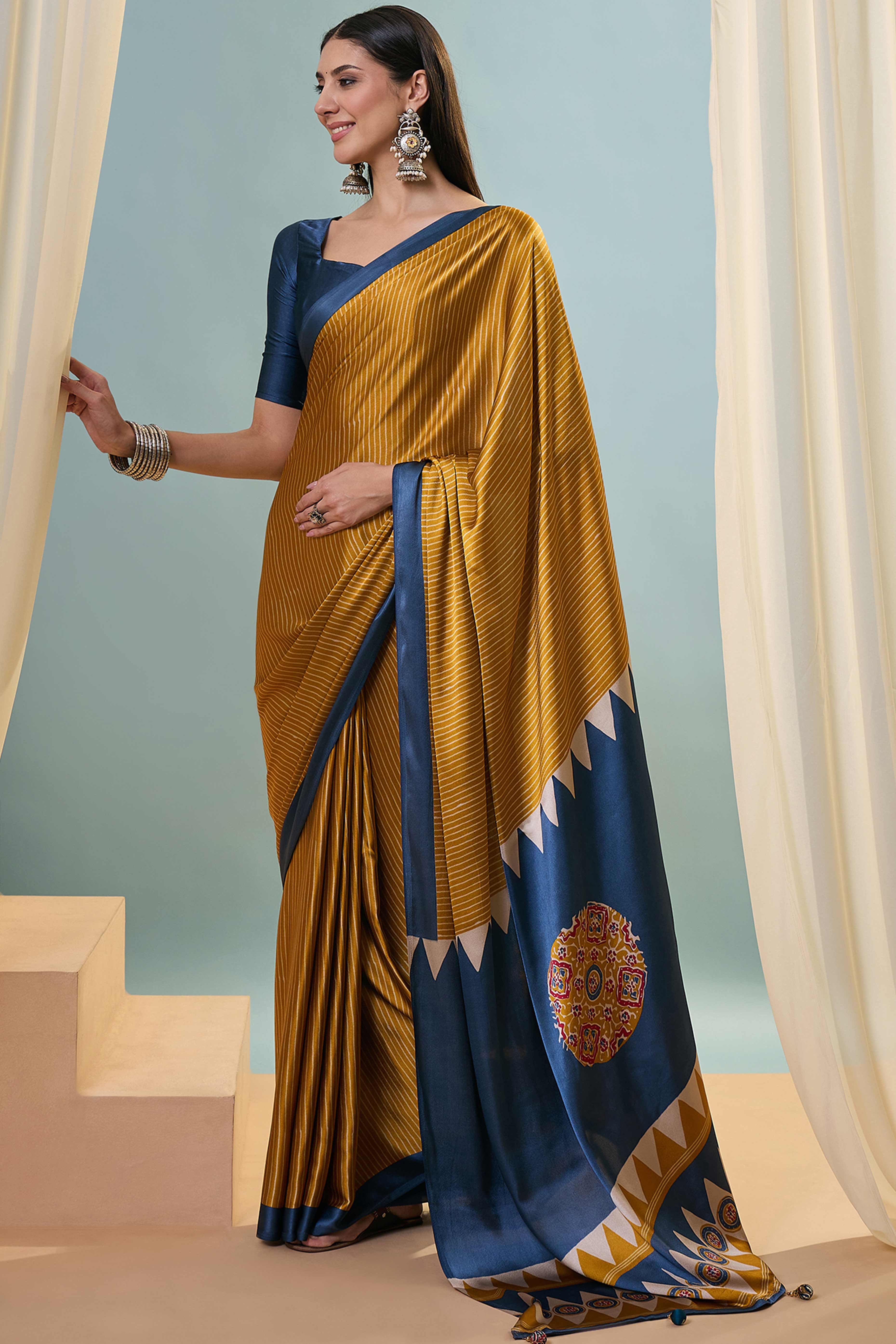 Mustard Ajrakh Print Satin Saree With Traditional Charm