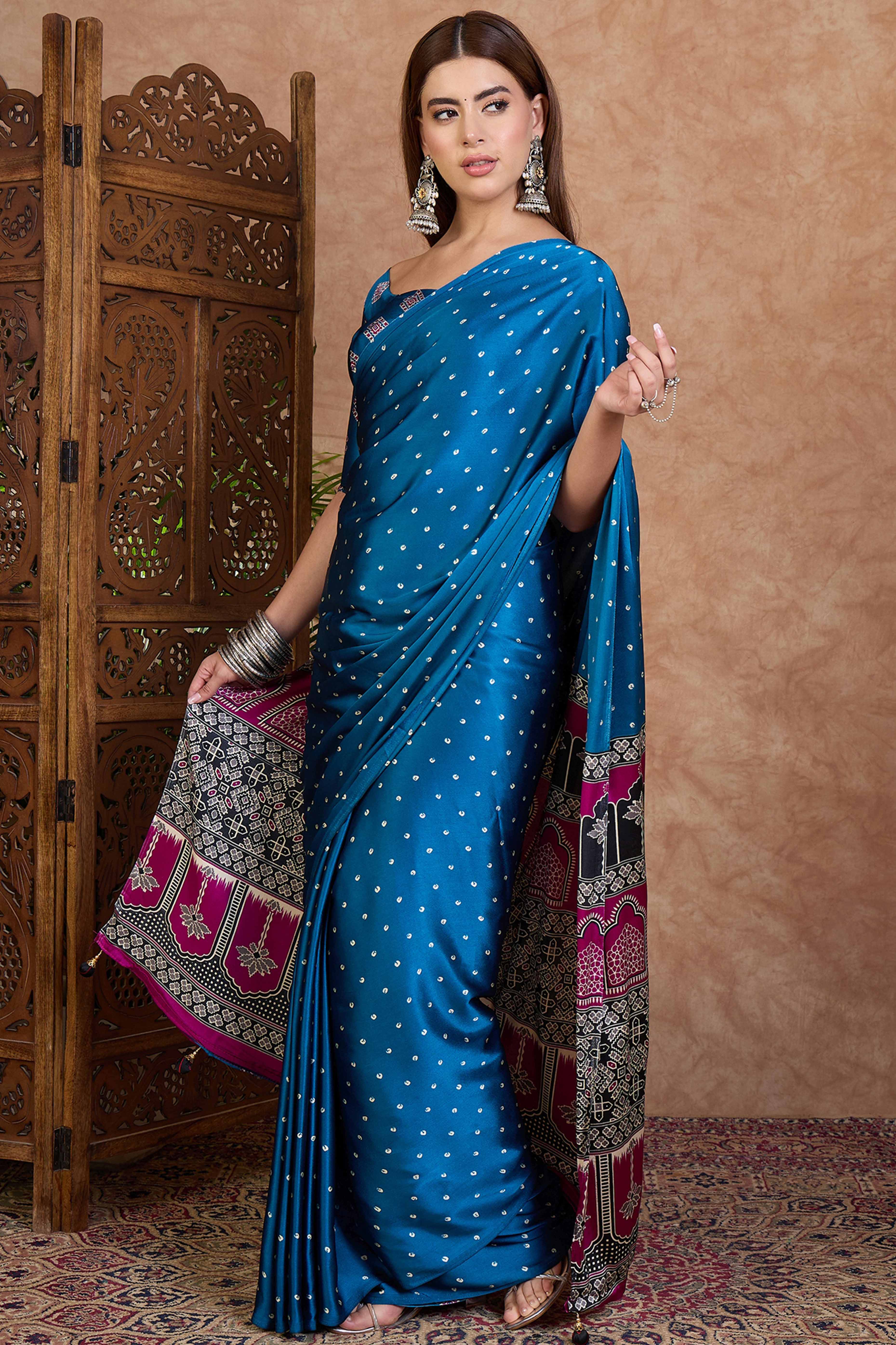 Blue Polka Dot Modal Satin Saree with Traditional Ajrakh Detailing on Pallu