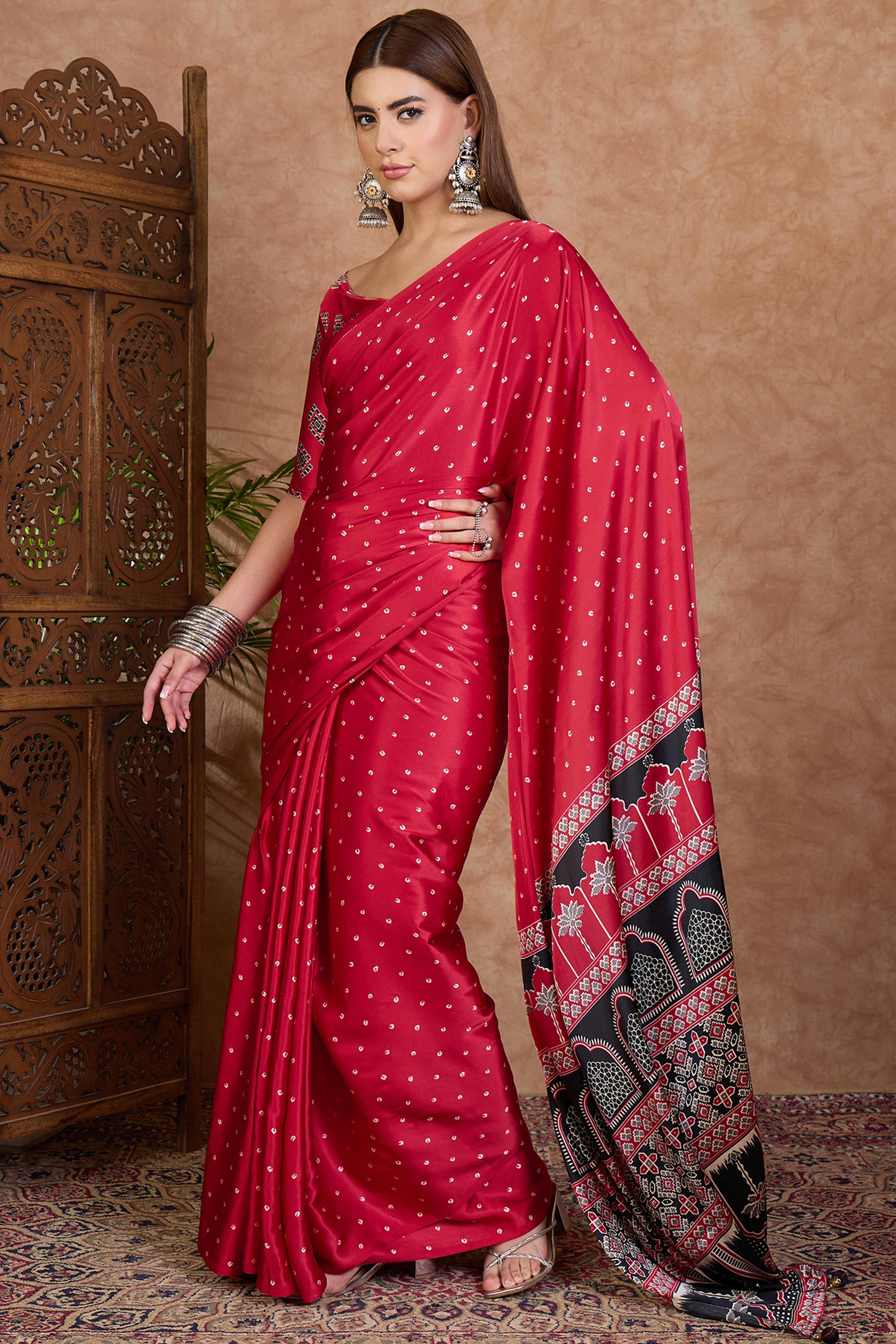 Red Polka Dot Modal Satin Saree with Traditional Ajrakh Detailing on Pallu