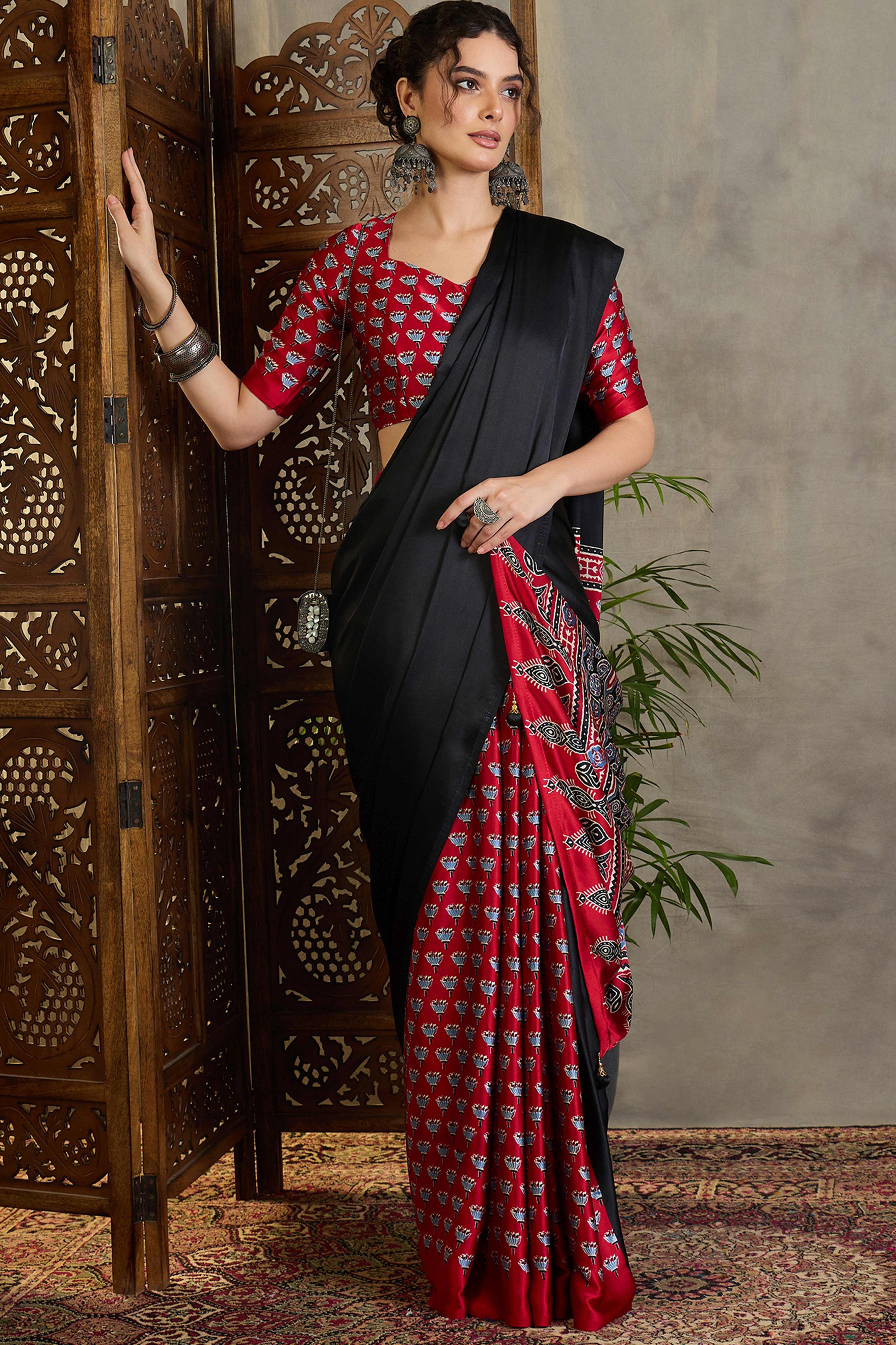 Red Solid Modal Satin Saree Highlighted with Classic Ajrakh Pallu Design