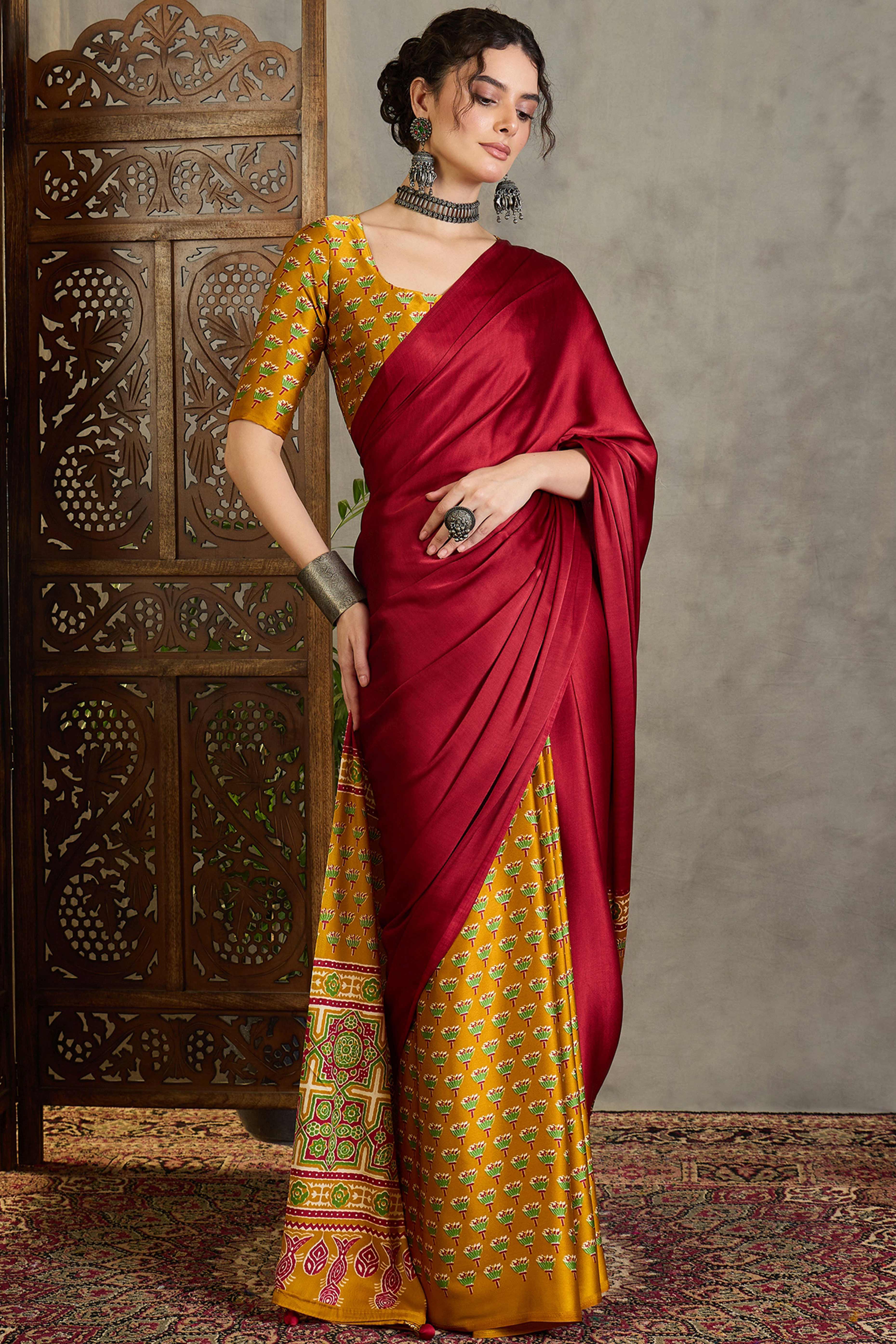 Yellow Solid Modal Satin Saree Highlighted with Classic Ajrakh Pallu Design