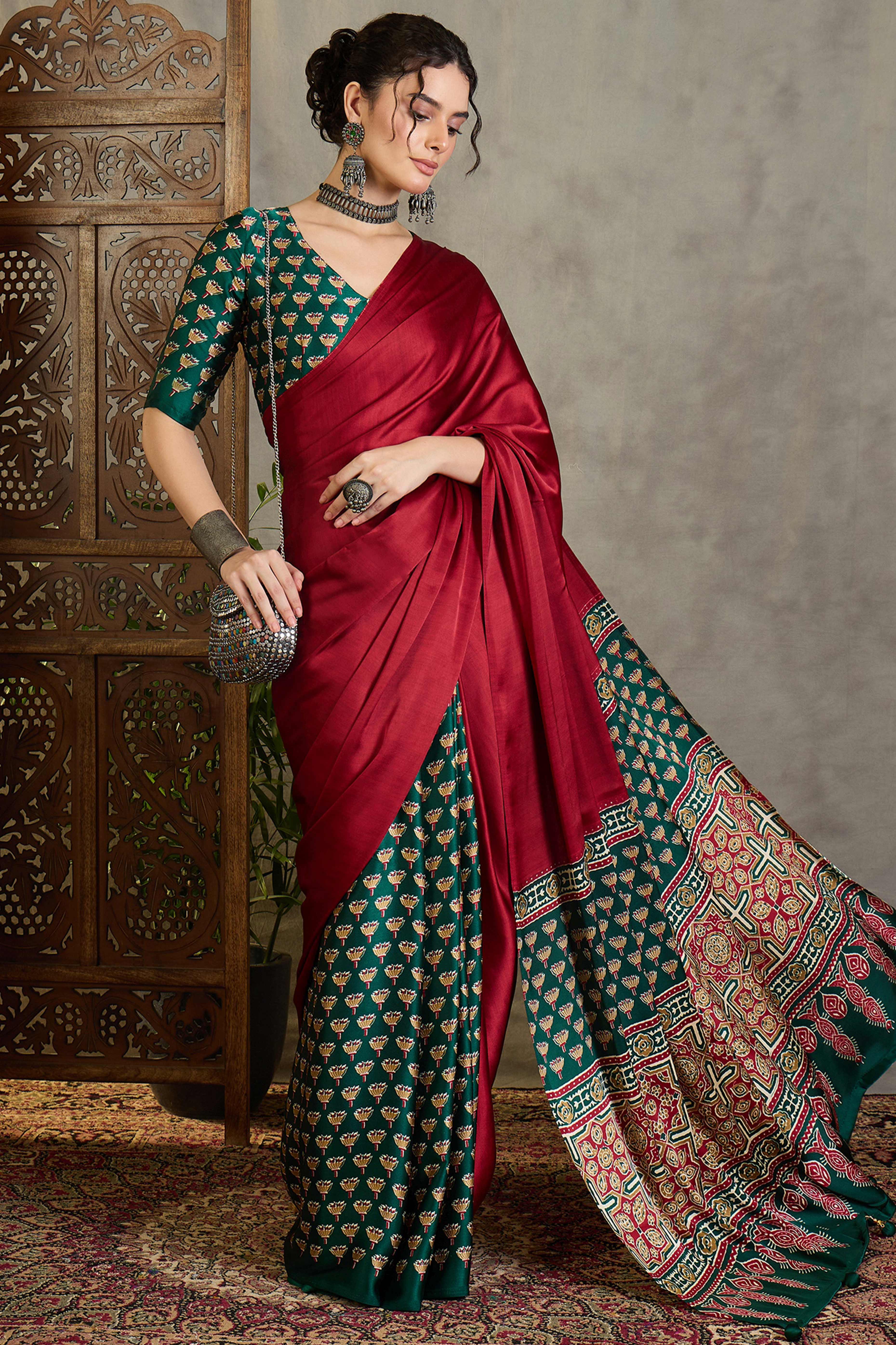 Green Solid Modal Satin Saree Highlighted with Classic Ajrakh Pallu Design