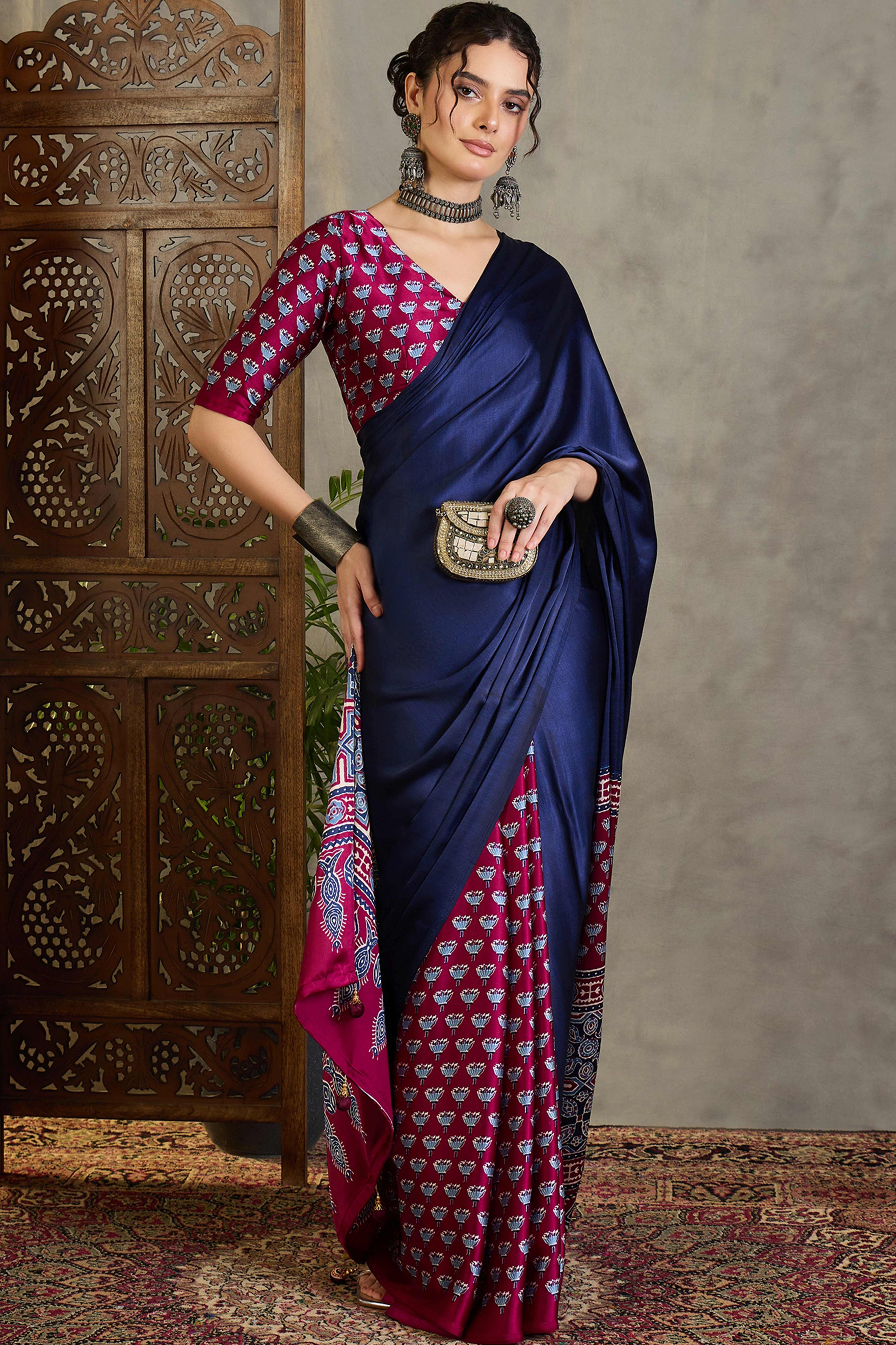 Wine Solid Modal Satin Saree Highlighted with Classic Ajrakh Pallu Design
