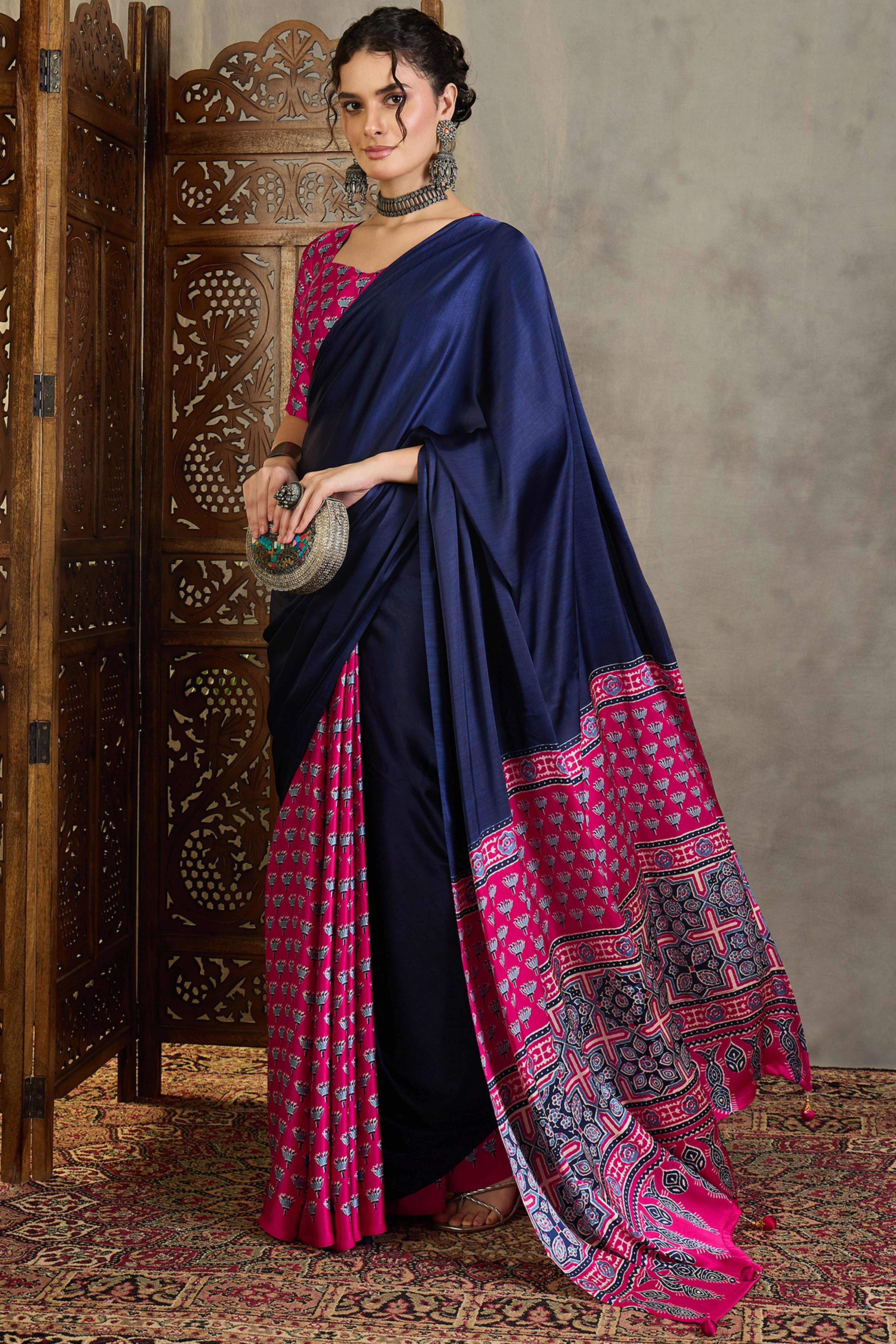 Pink Solid Modal Satin Saree Highlighted with Classic Ajrakh Pallu Design