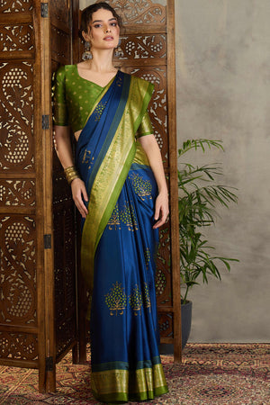 Blue Floral Printed Modal Satin Saree with Traditional Zari Detailing