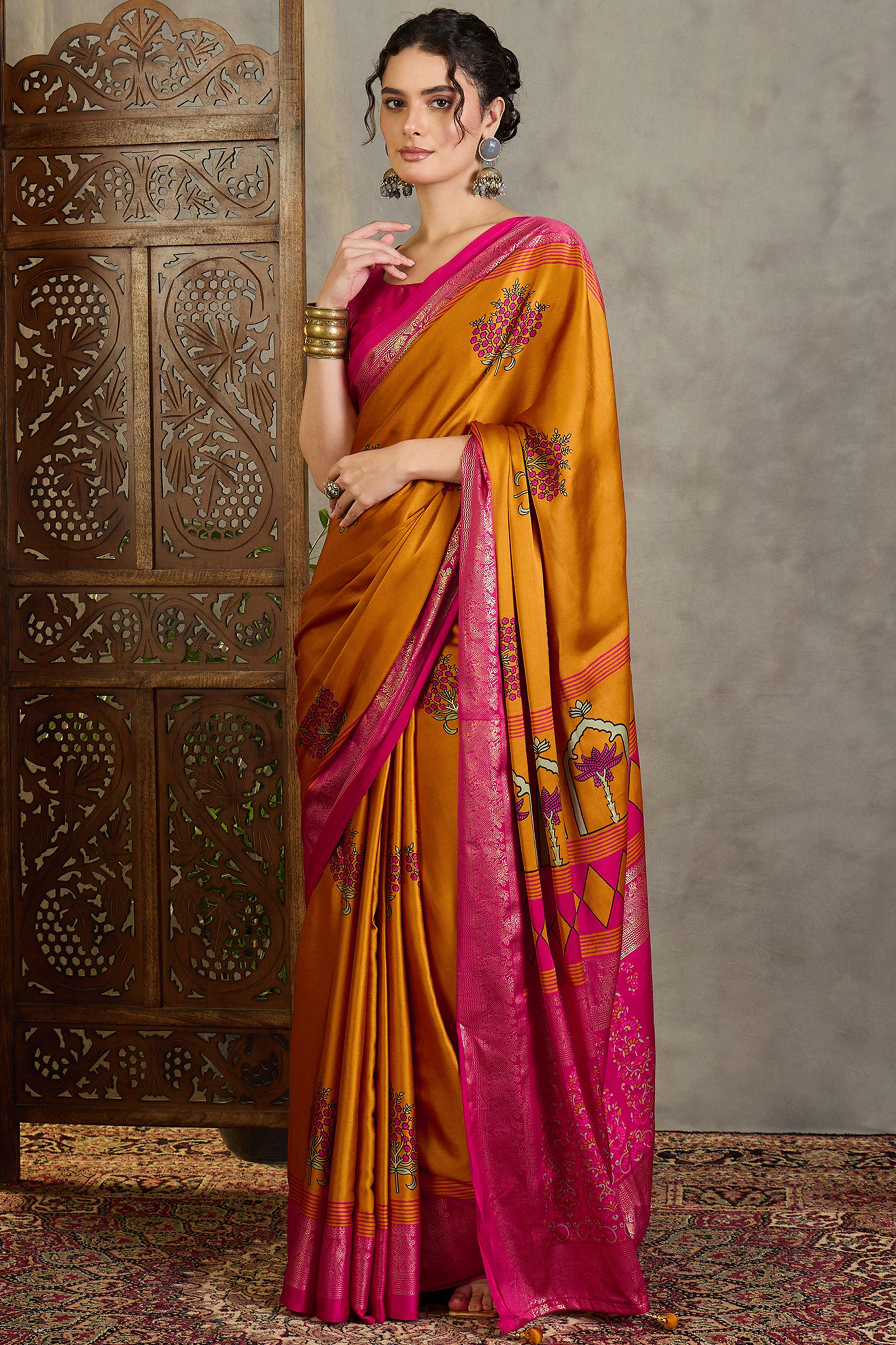 Mustard Floral Printed Modal Satin Saree with Traditional Zari Detailing