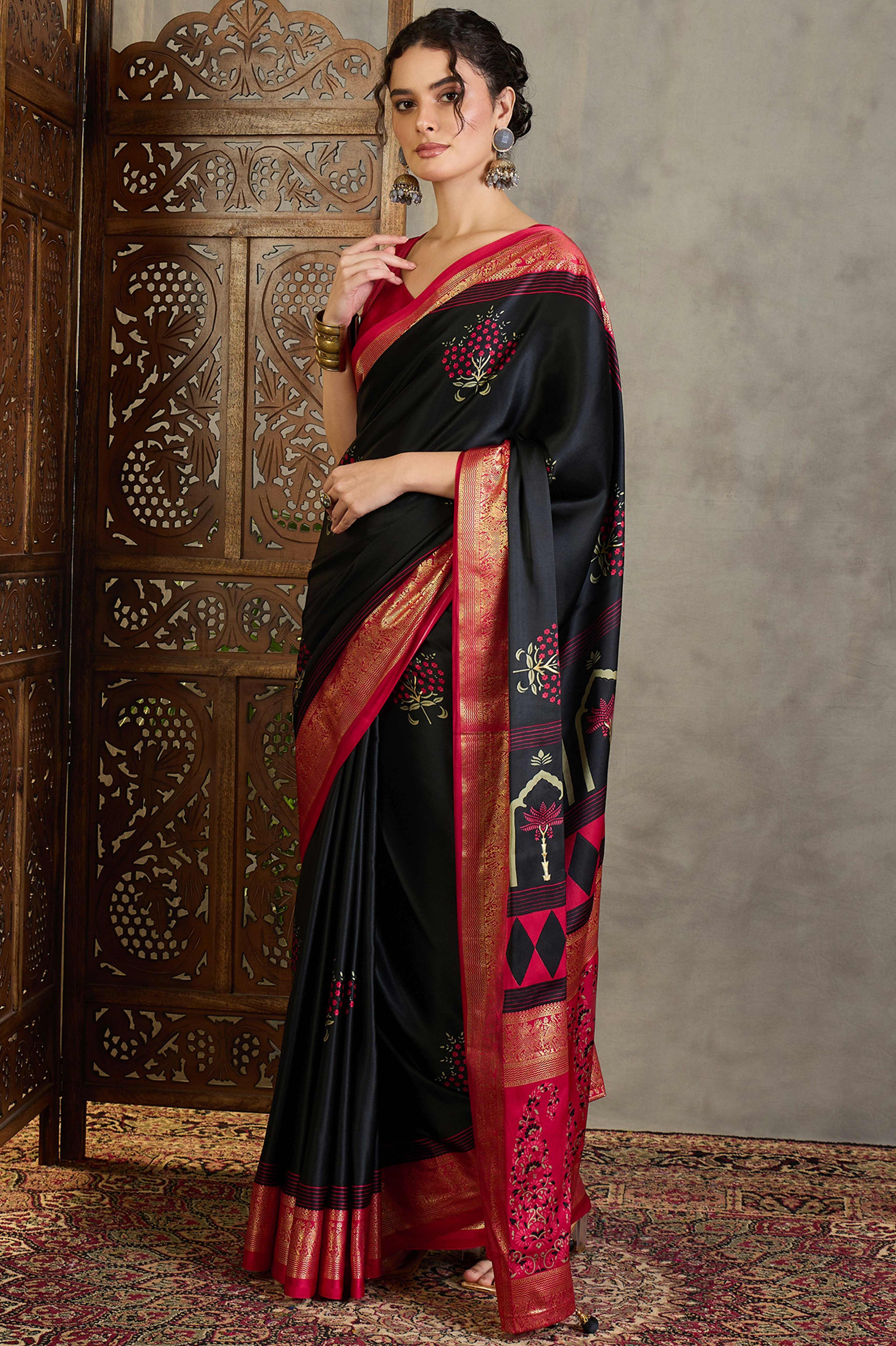 Black Floral Printed Modal Satin Saree with Traditional Zari Detailing
