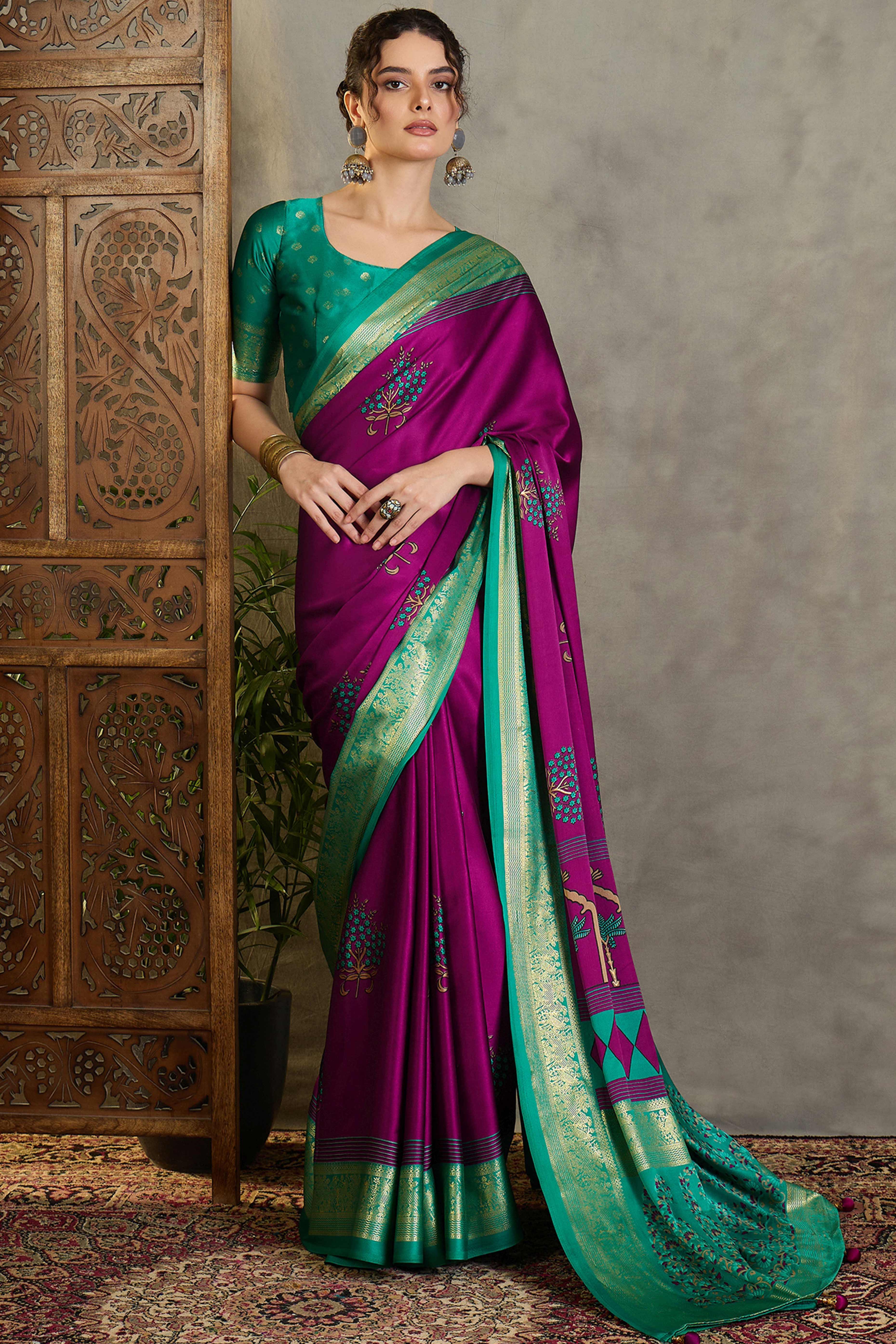 Magenta Floral Printed Modal Satin Saree with Traditional Zari Detailing