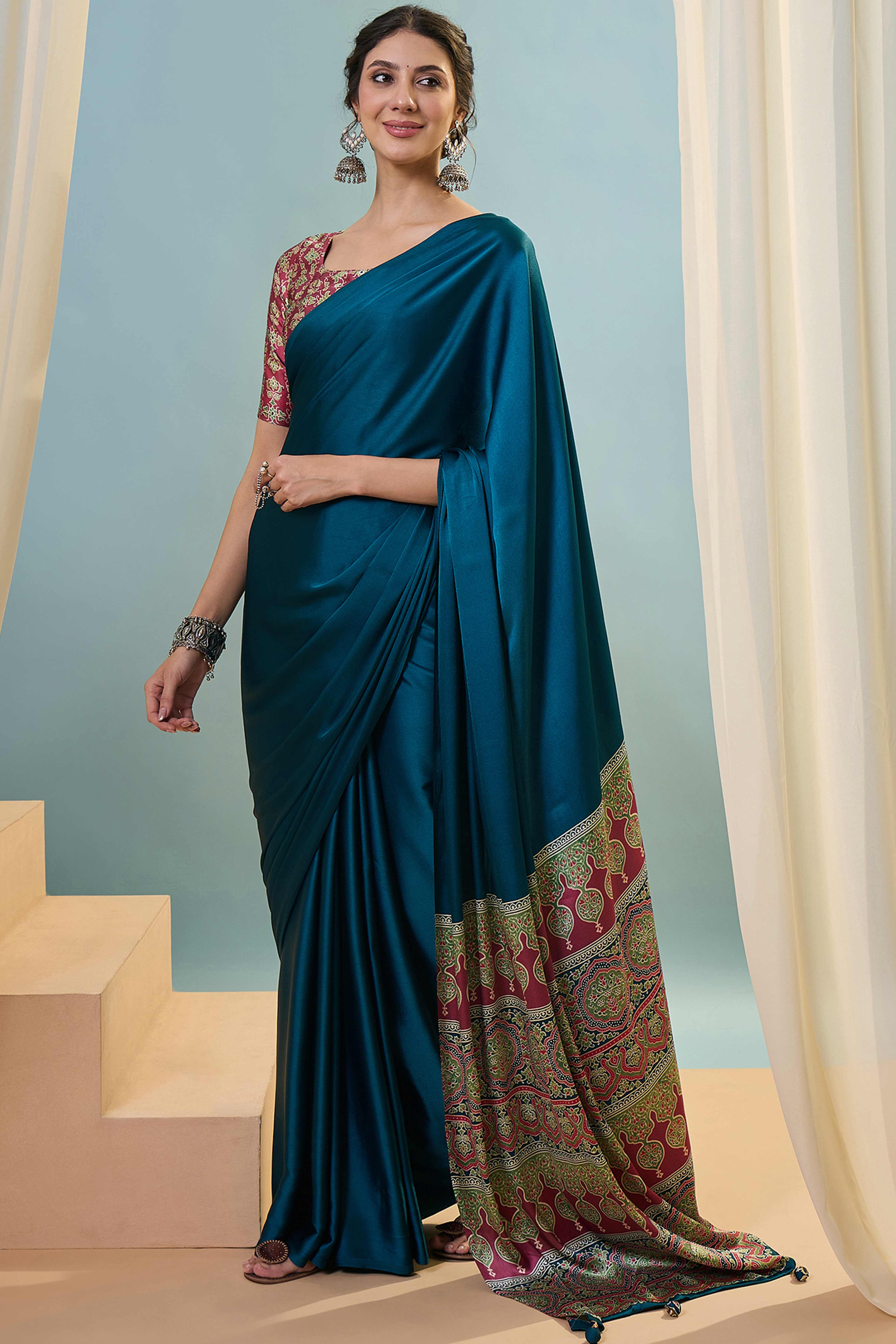 Blue Solid Modal Satin Saree Highlighted With Classic Ajrakh Pallu Design