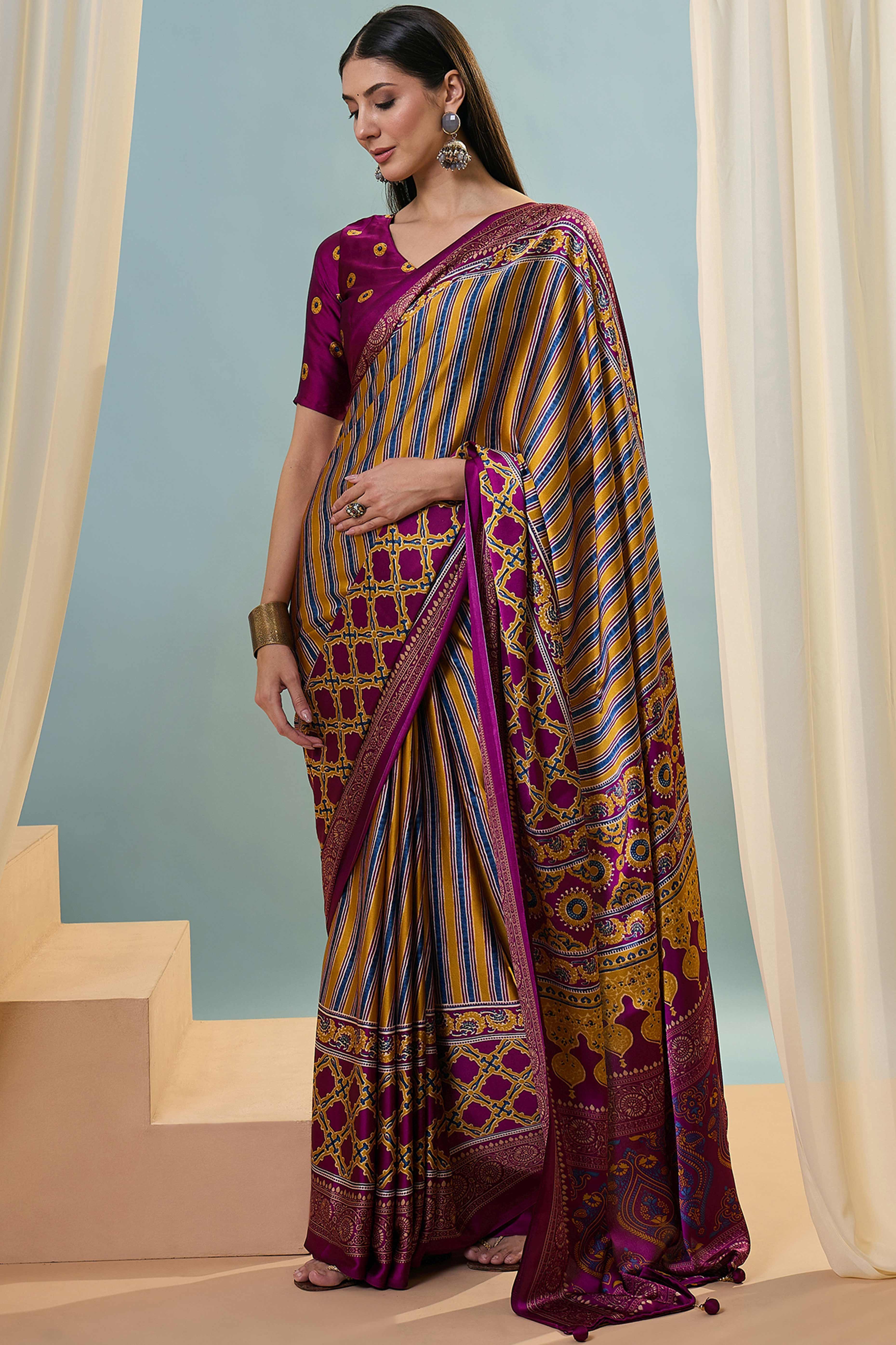 Modern Magenta Striped Printed Modal Satin Saree with Luxurious Flow and Shine
