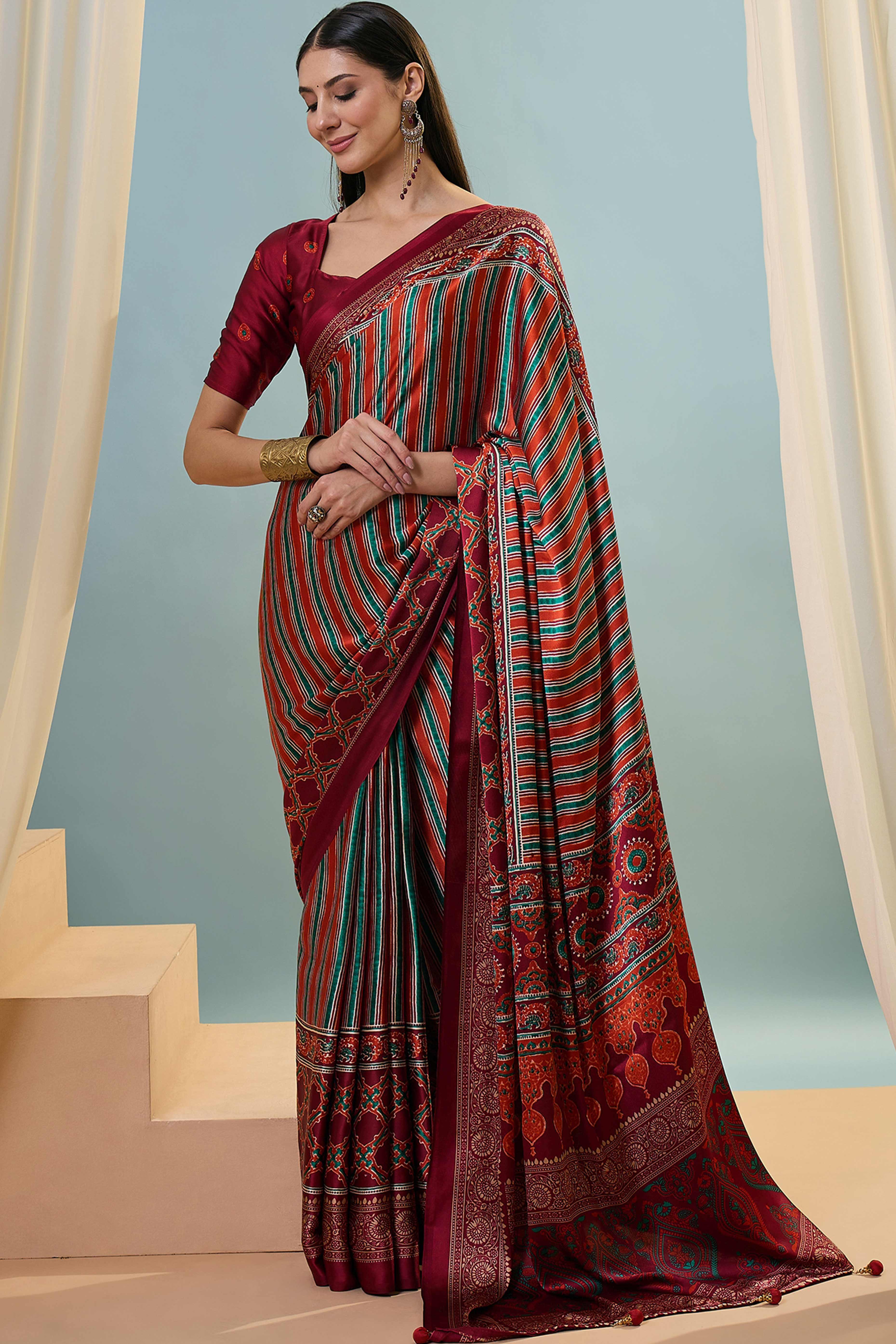 Modern Red Striped Printed Modal Satin Saree with Luxurious Flow and Shine