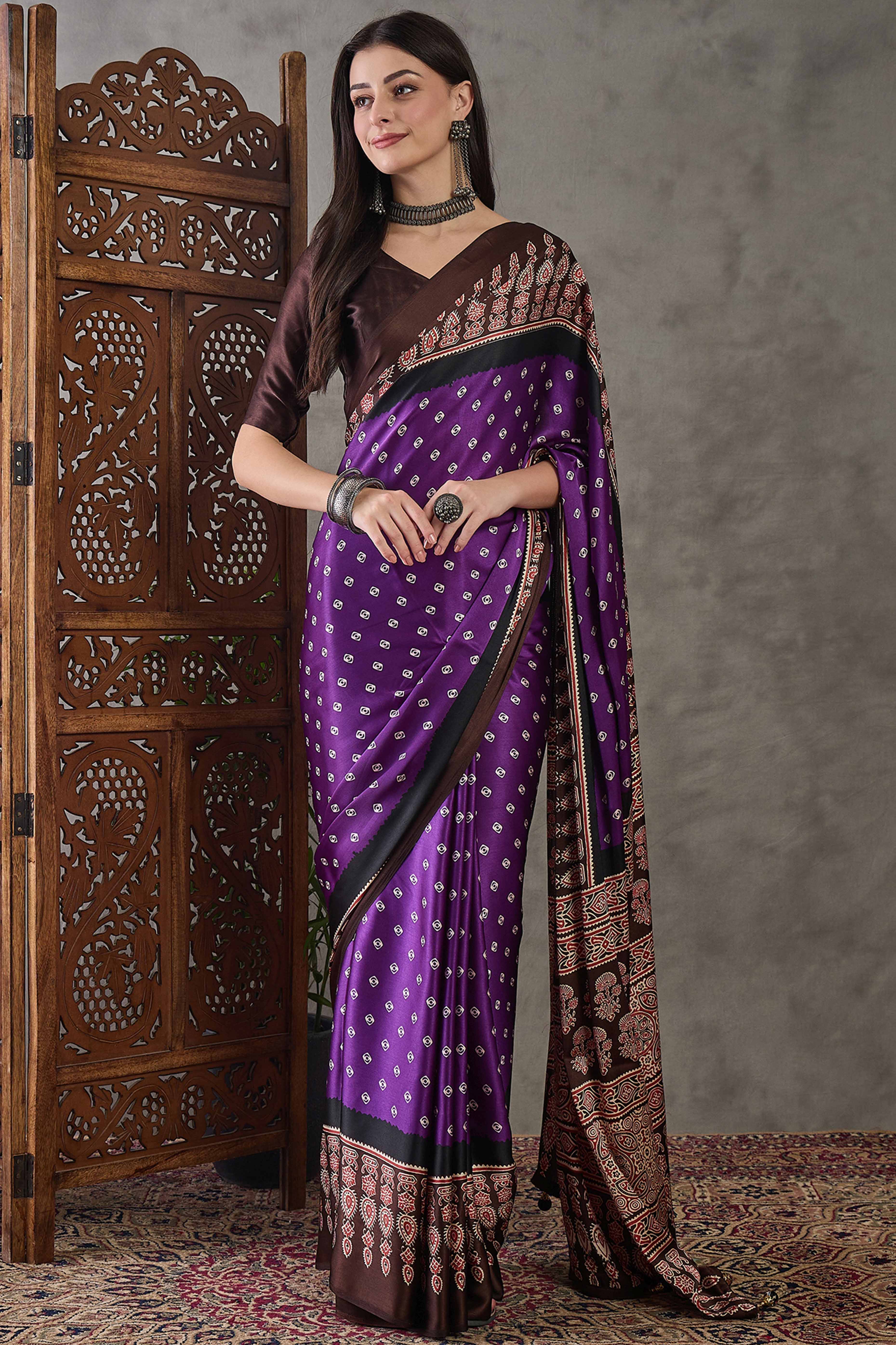 Violet Ajrakh Printed Modal Satin Saree with Traditional Ajrakh Charm
