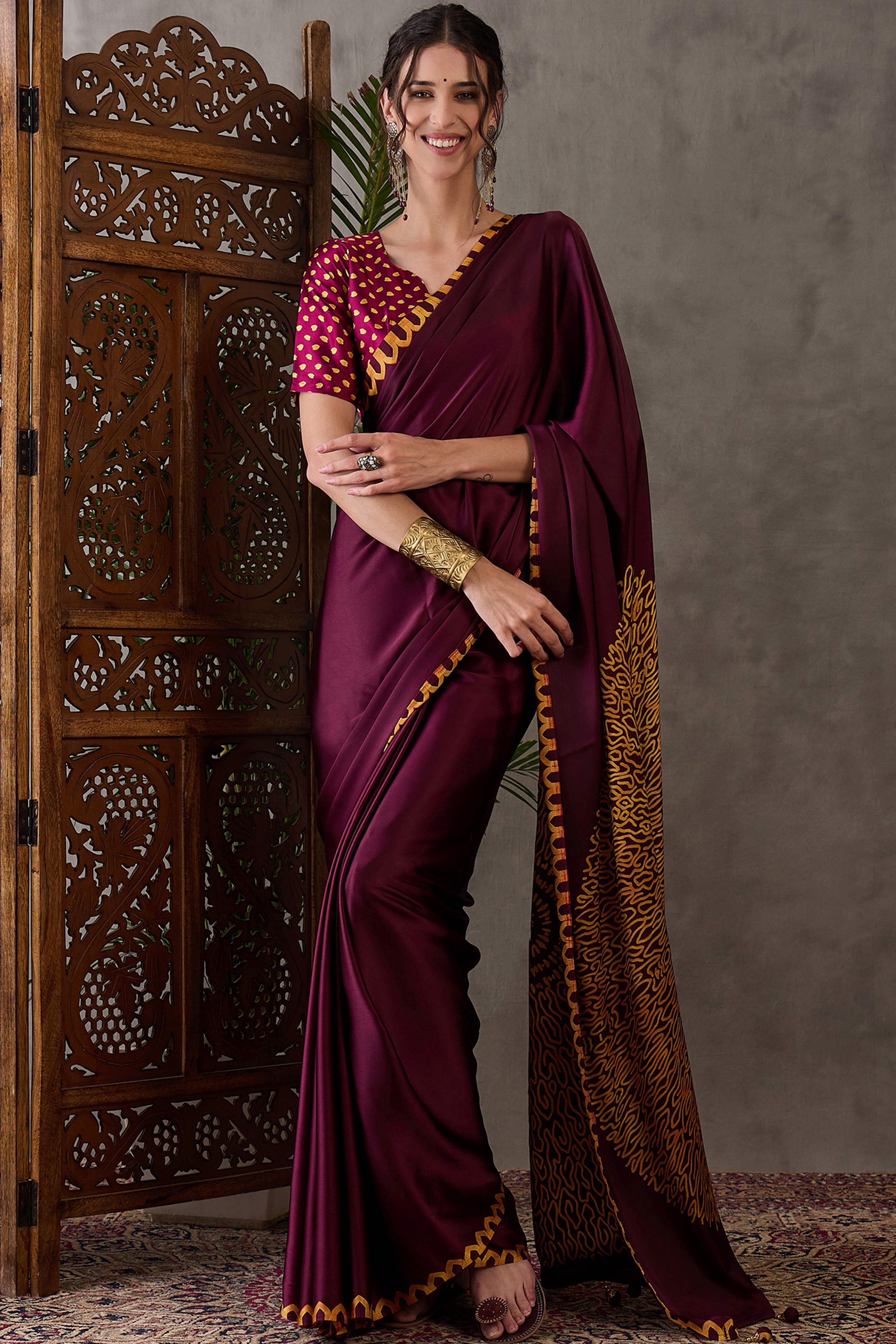 Wine Free Style Printed Modal Satin Party Wear Saree with a Smooth Satin Drape