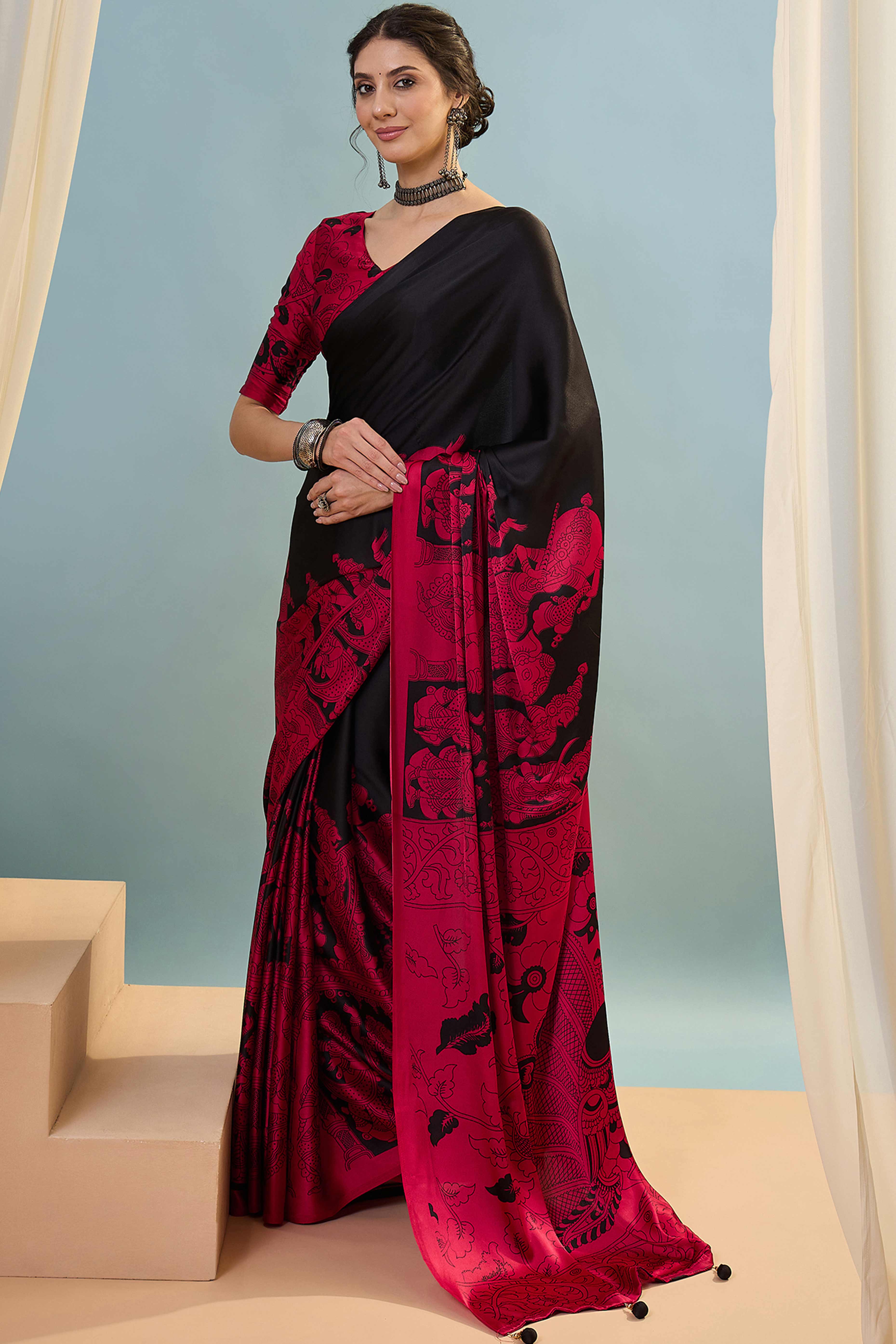 Black & Pink Kalamkari Style Modal Satin Saree Featuring Intricate Artistic Prints