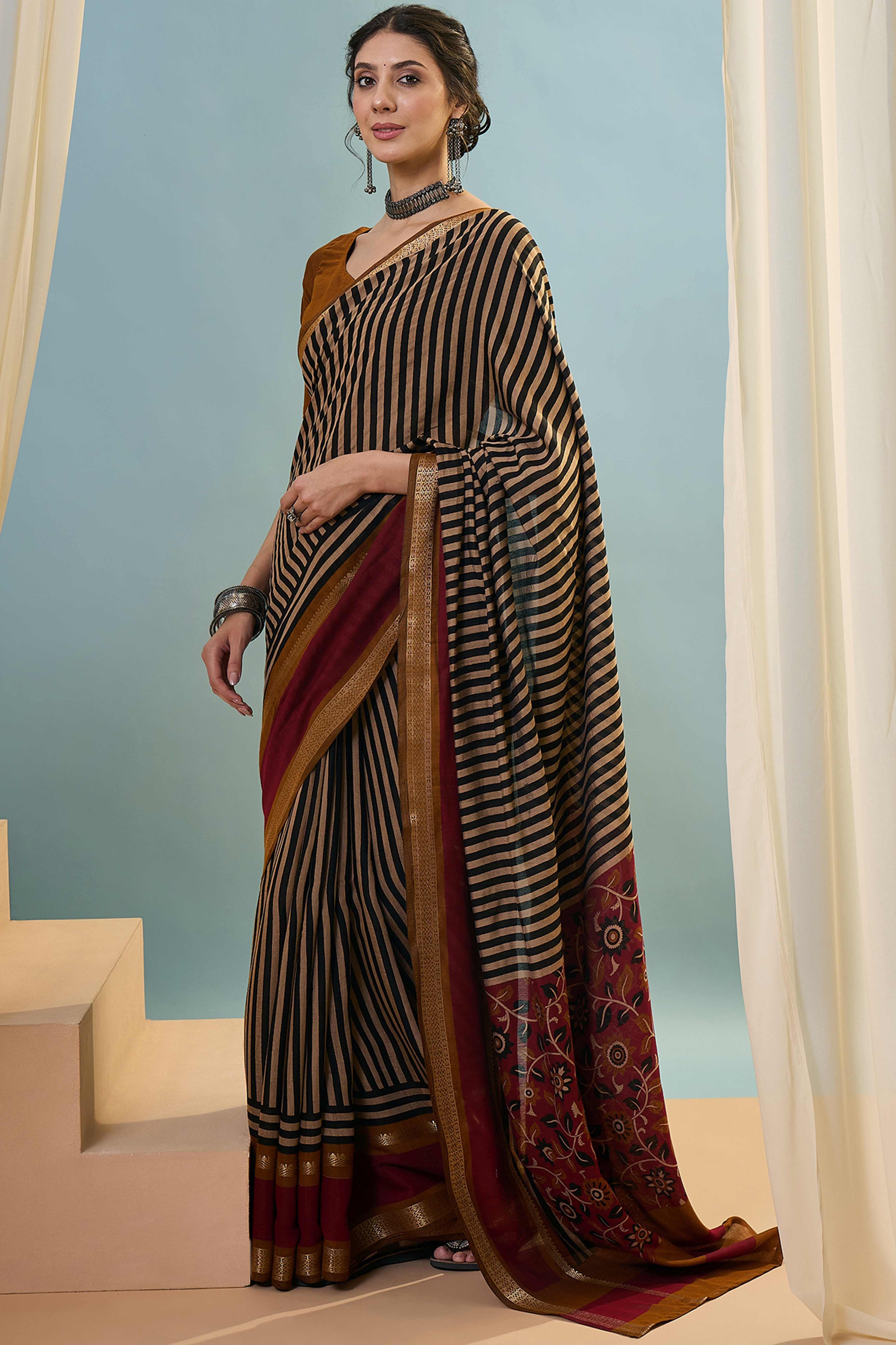 Mustard Striped Printed Viscose Saree with a Subtle Zari Finish