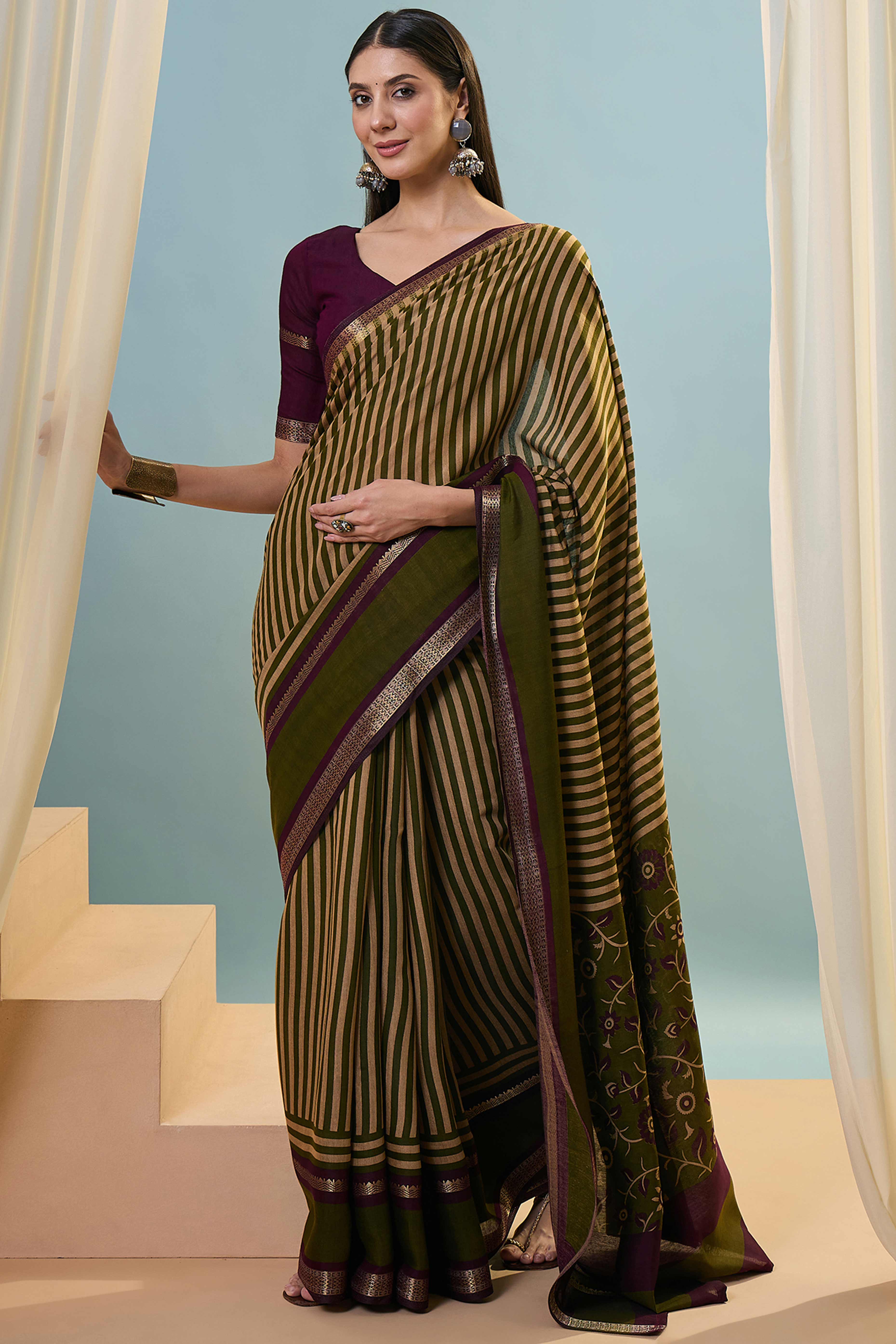 Mehendi Green Striped Printed Viscose Saree with a Subtle Zari Finish