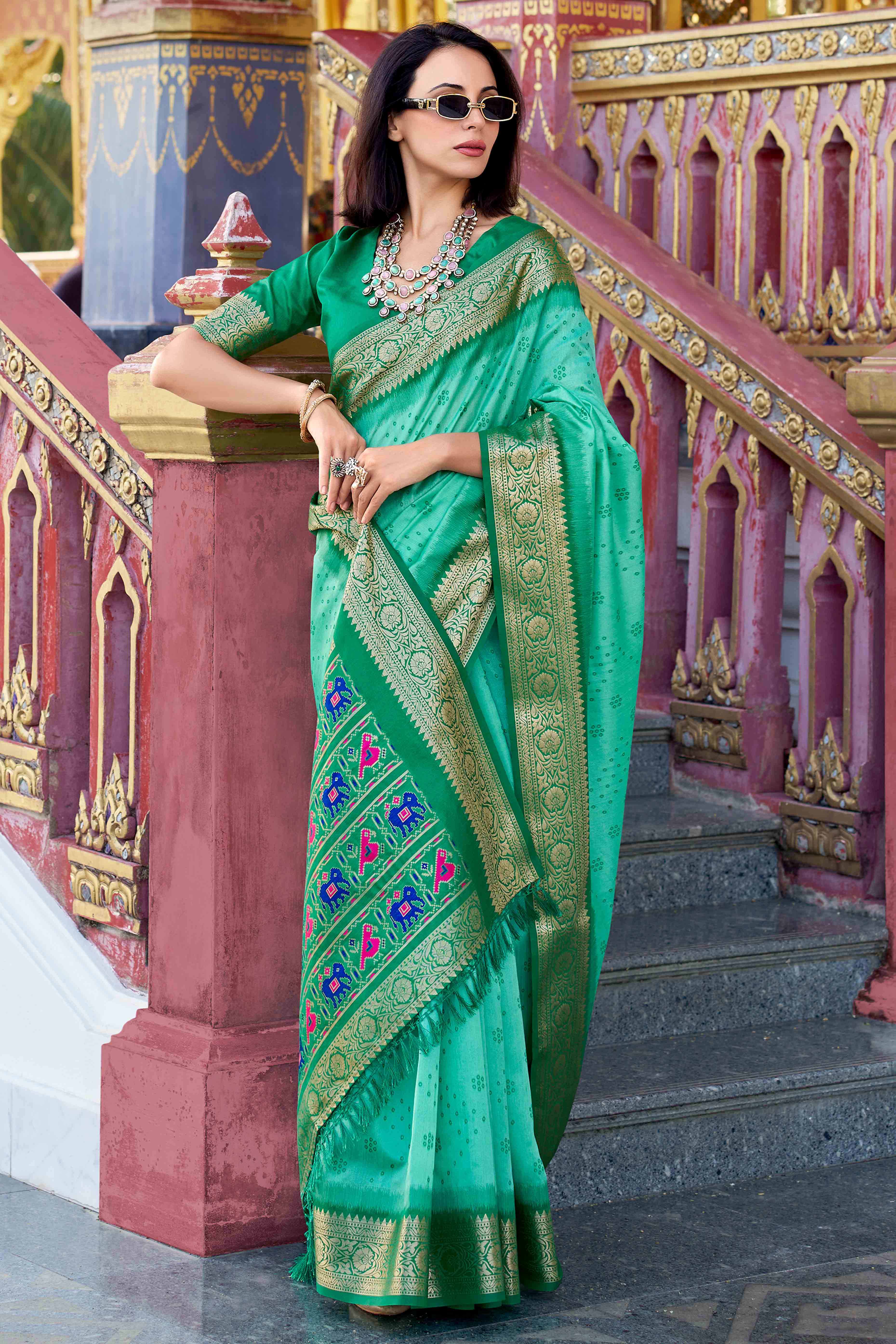 Silk Blend Woven Bandhani Saree In Sea Green With Contrasting Patola Pallu