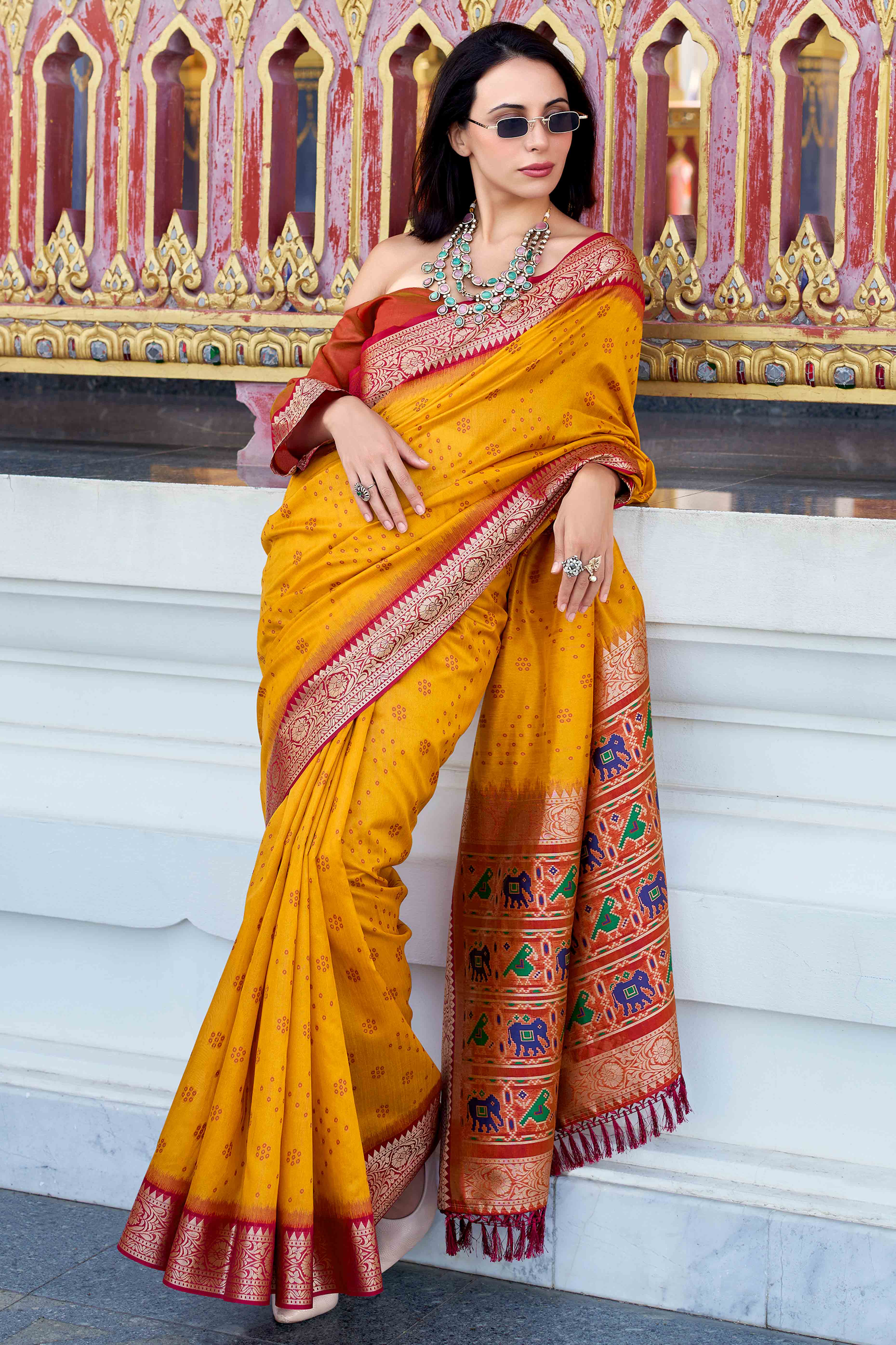 Silk Blend Woven Bandhani Saree In Mustard With Contrasting Patola Pallu