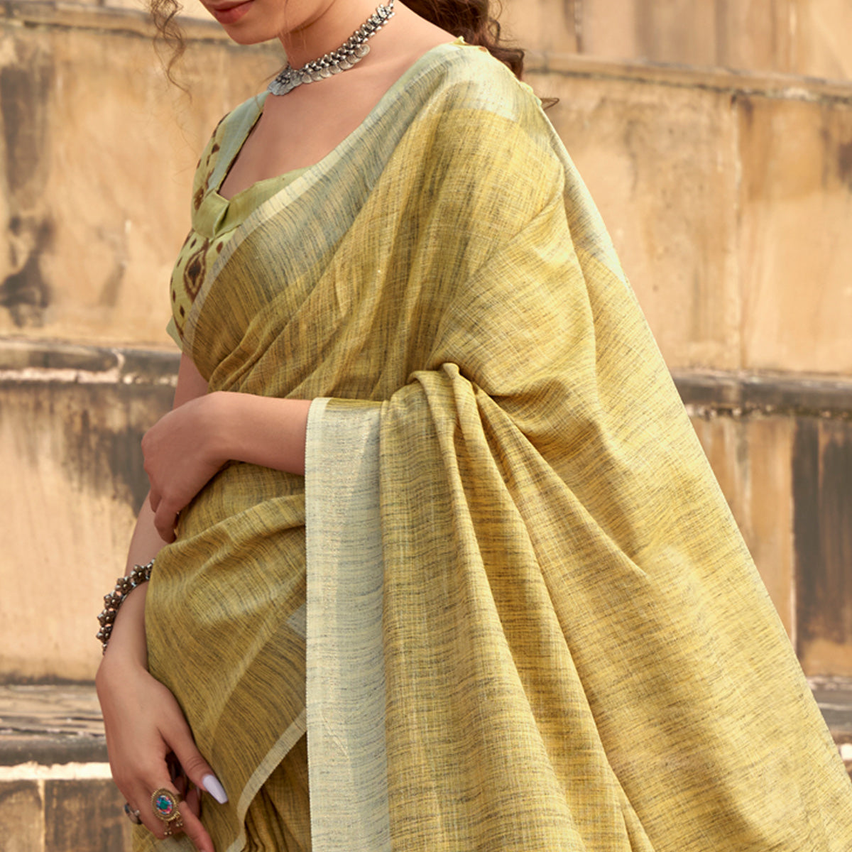 Yellow Striped Printed Linen Saree With Tassels