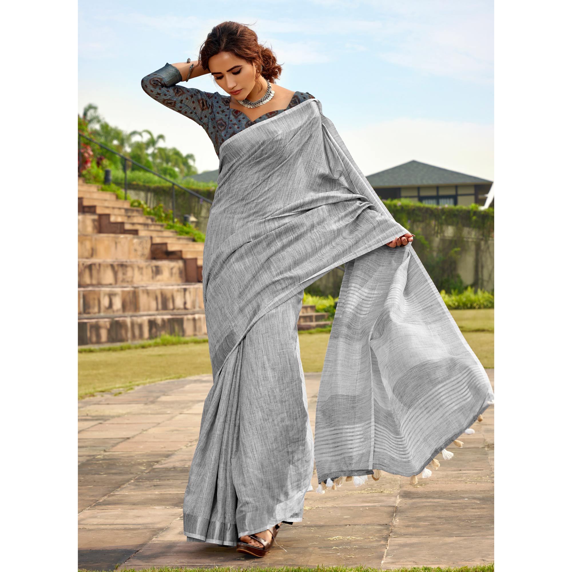 Grey Striped Printed Linen Saree With Tassels