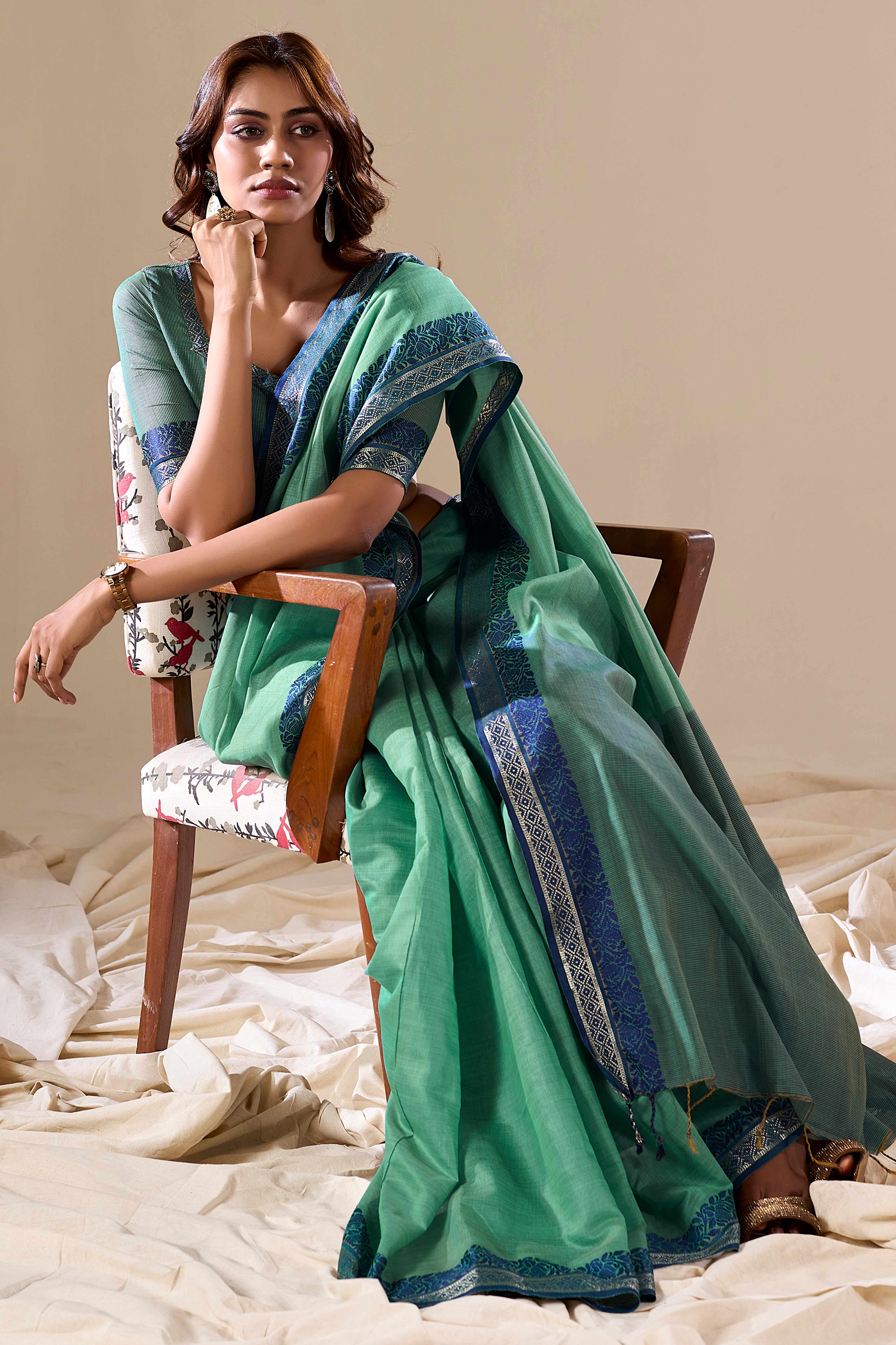 Sea Green Khaadi Saree with Elegant Solid Body and Contrast Weaving Border