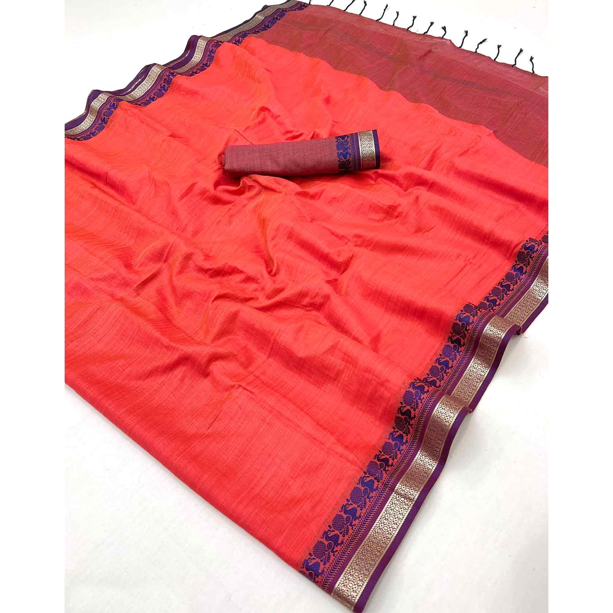 Coral Red Pure Handloom Silk Saree with an Elegantly Woven Jacquard Border