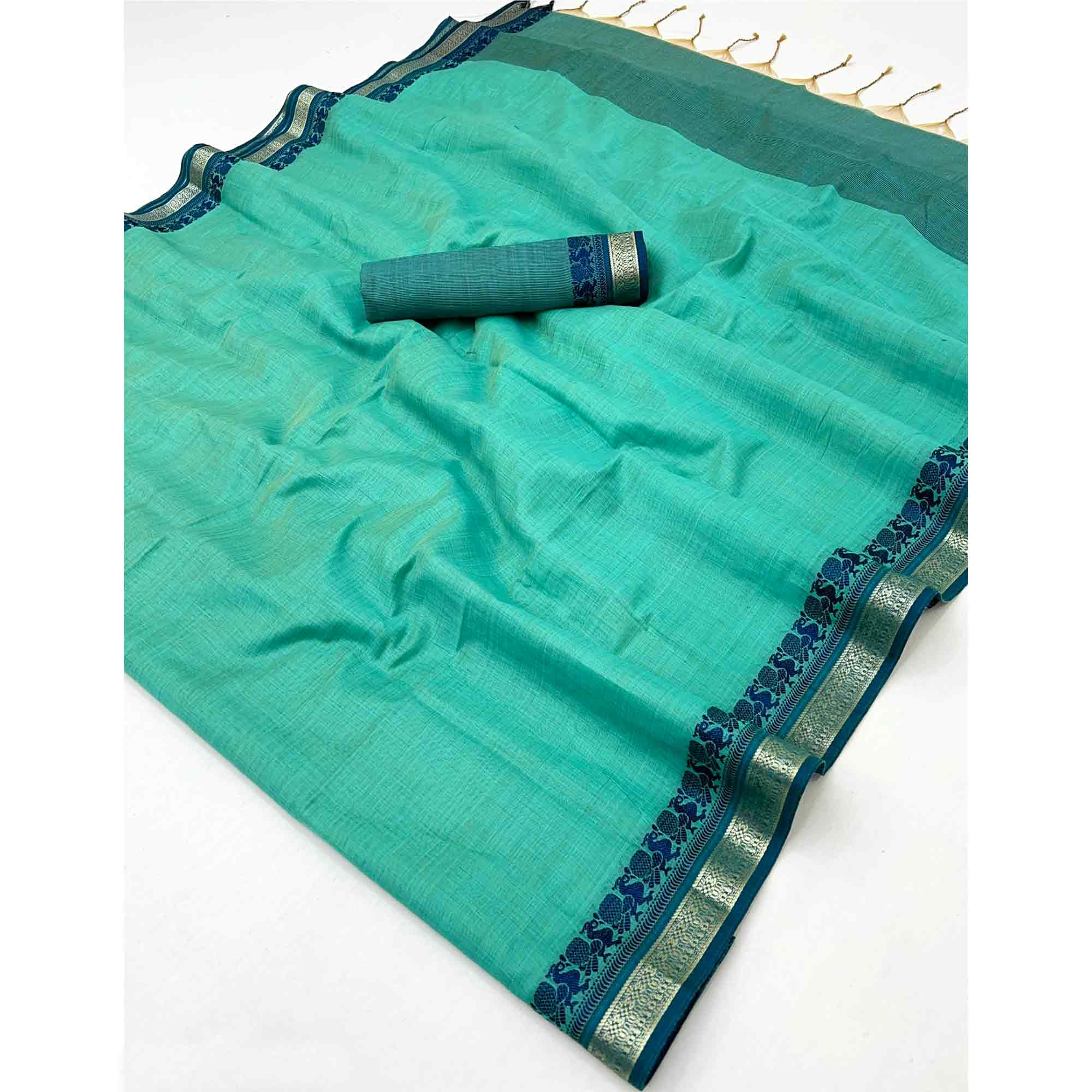 Turquoise Pure Handloom Silk Saree with an Elegantly Woven Jacquard Border