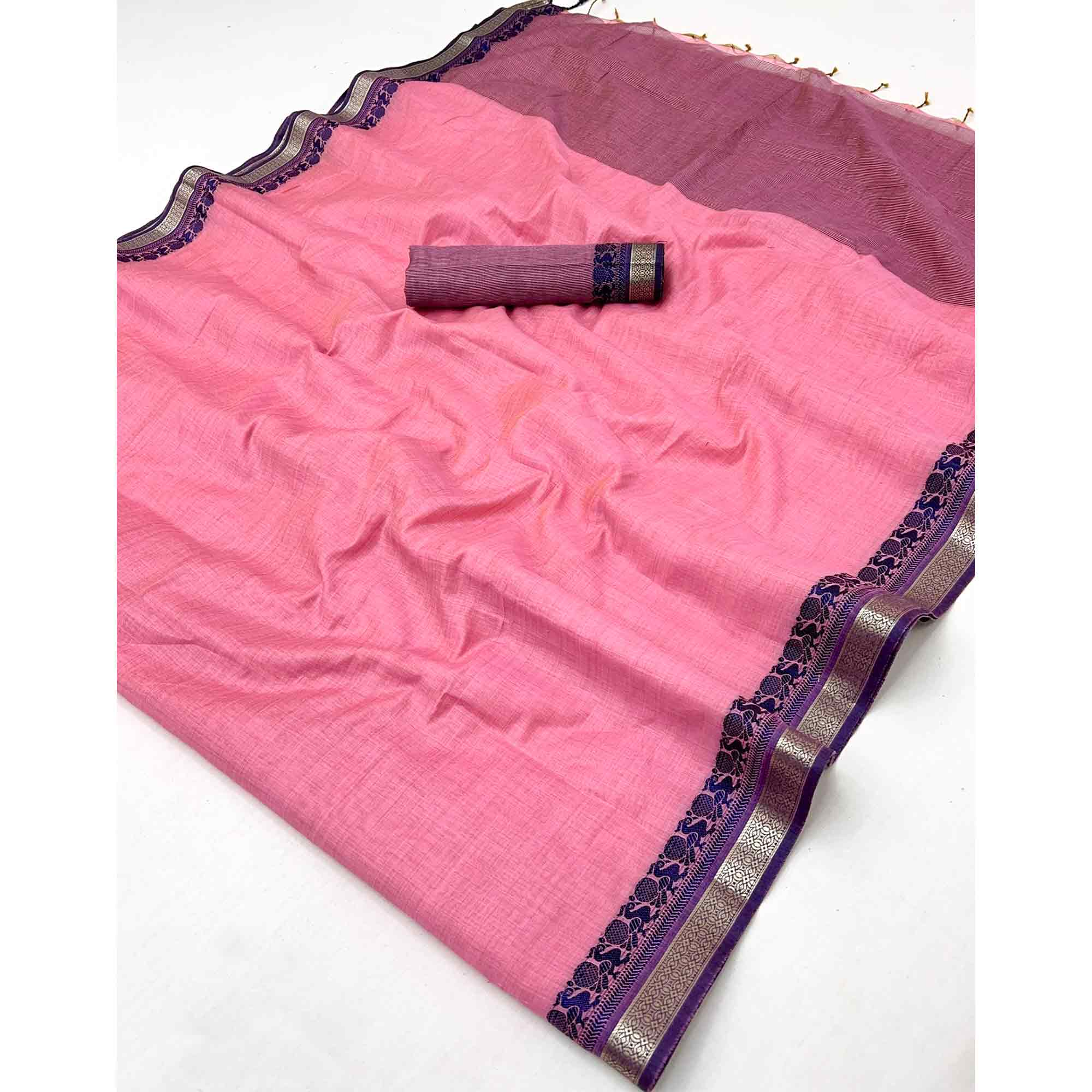 Pink Pure Handloom Silk Saree with an Elegantly Woven Jacquard Border