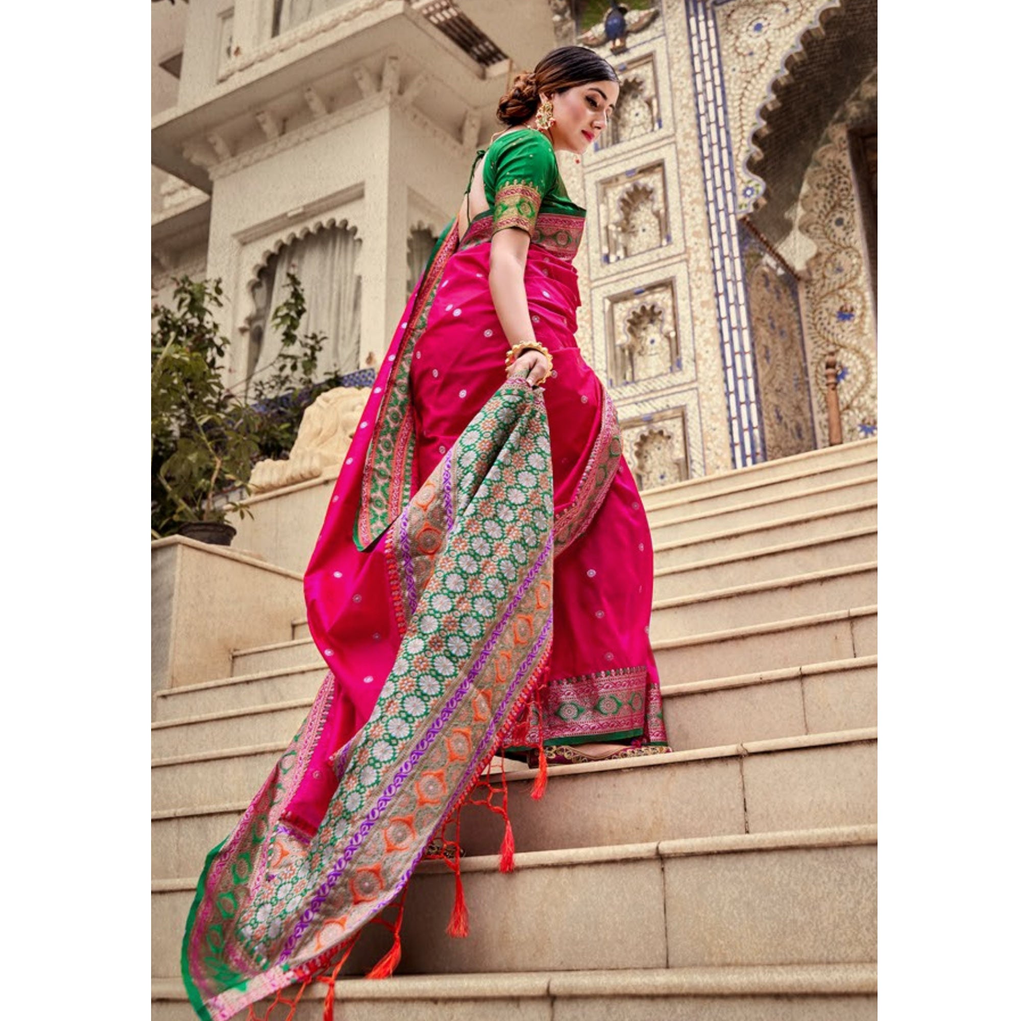 Pink Woven Pure Silk Saree With With Tassels