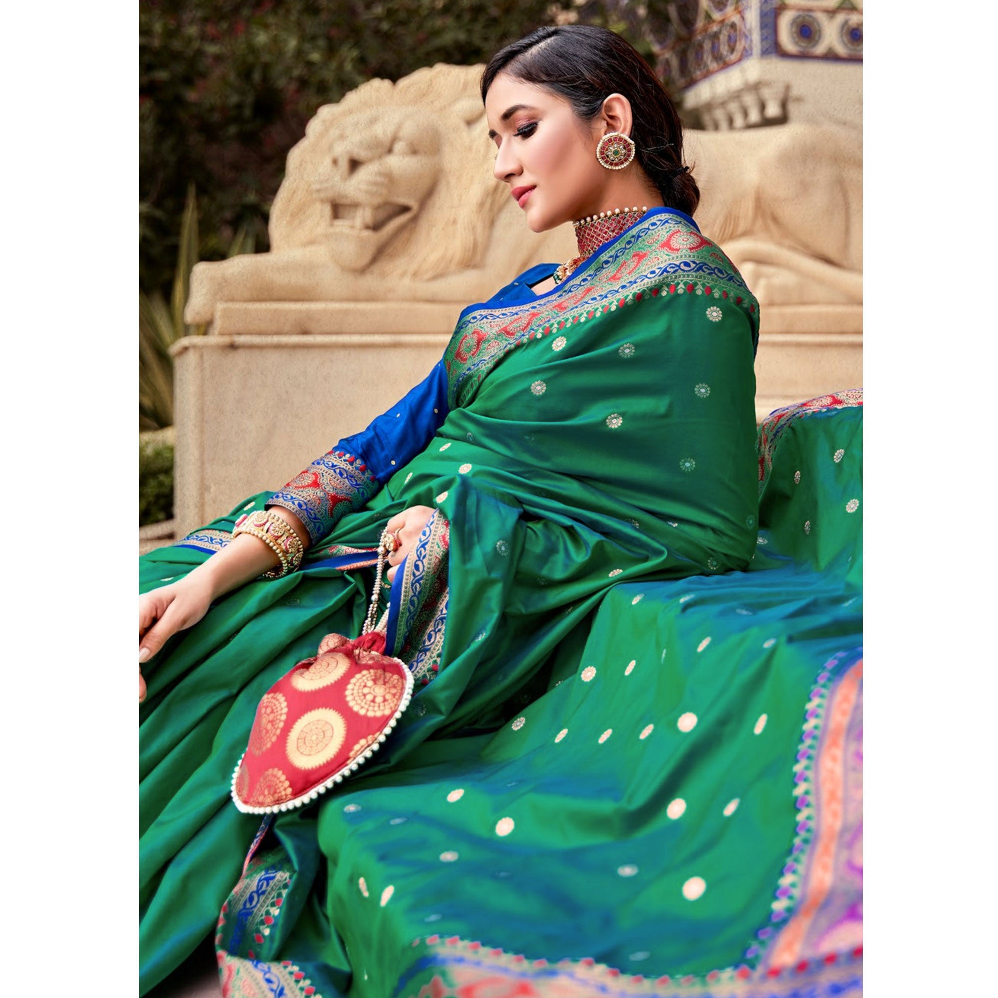 Rama Green Woven Pure Silk Saree With With Tassels