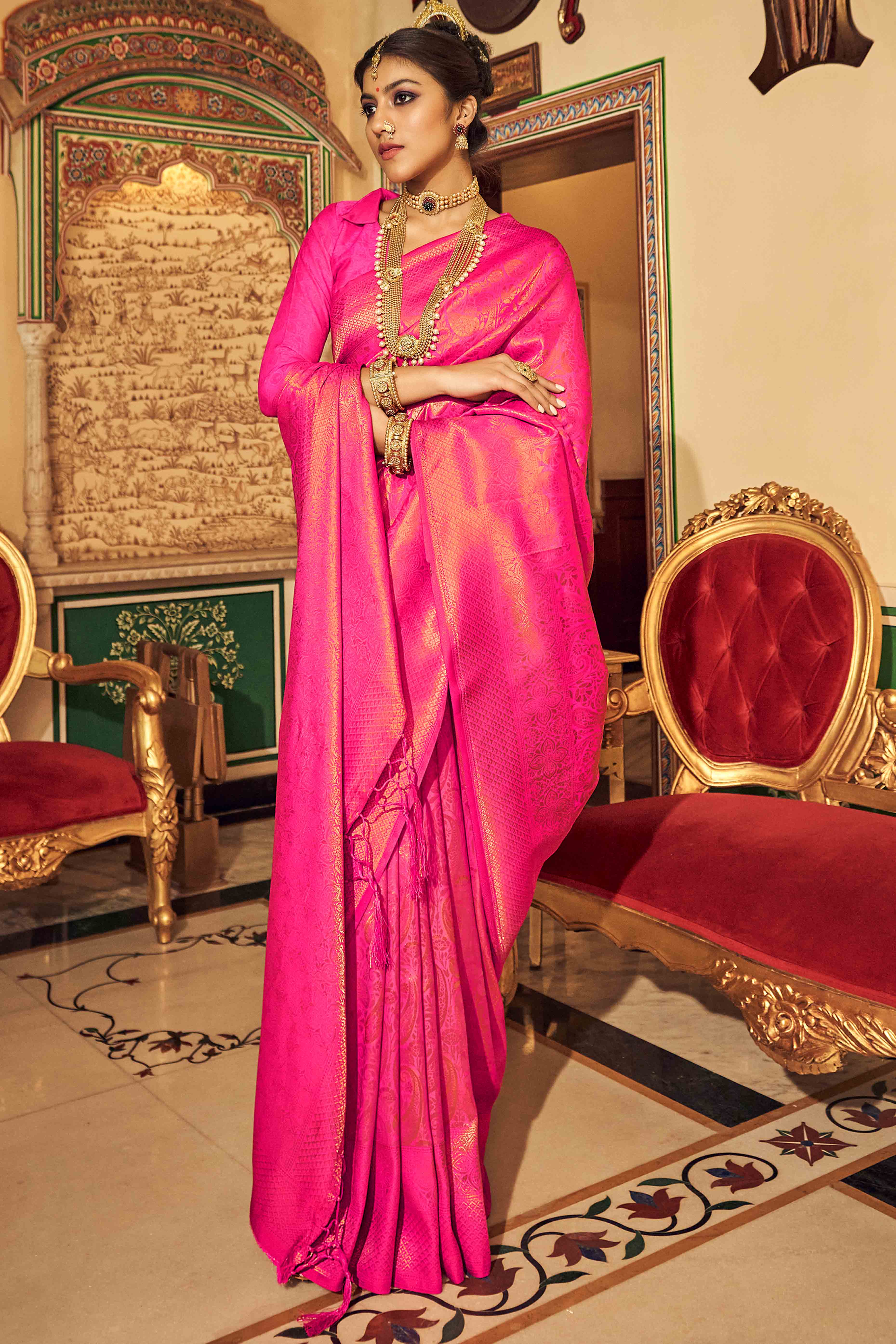 Pink Floral Zari Woven Kanjivaram SIlk Saree