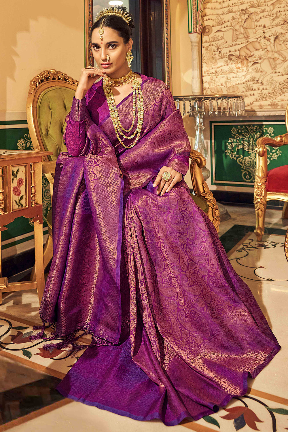Dark Peach Zari Floral Woven Silk Saree