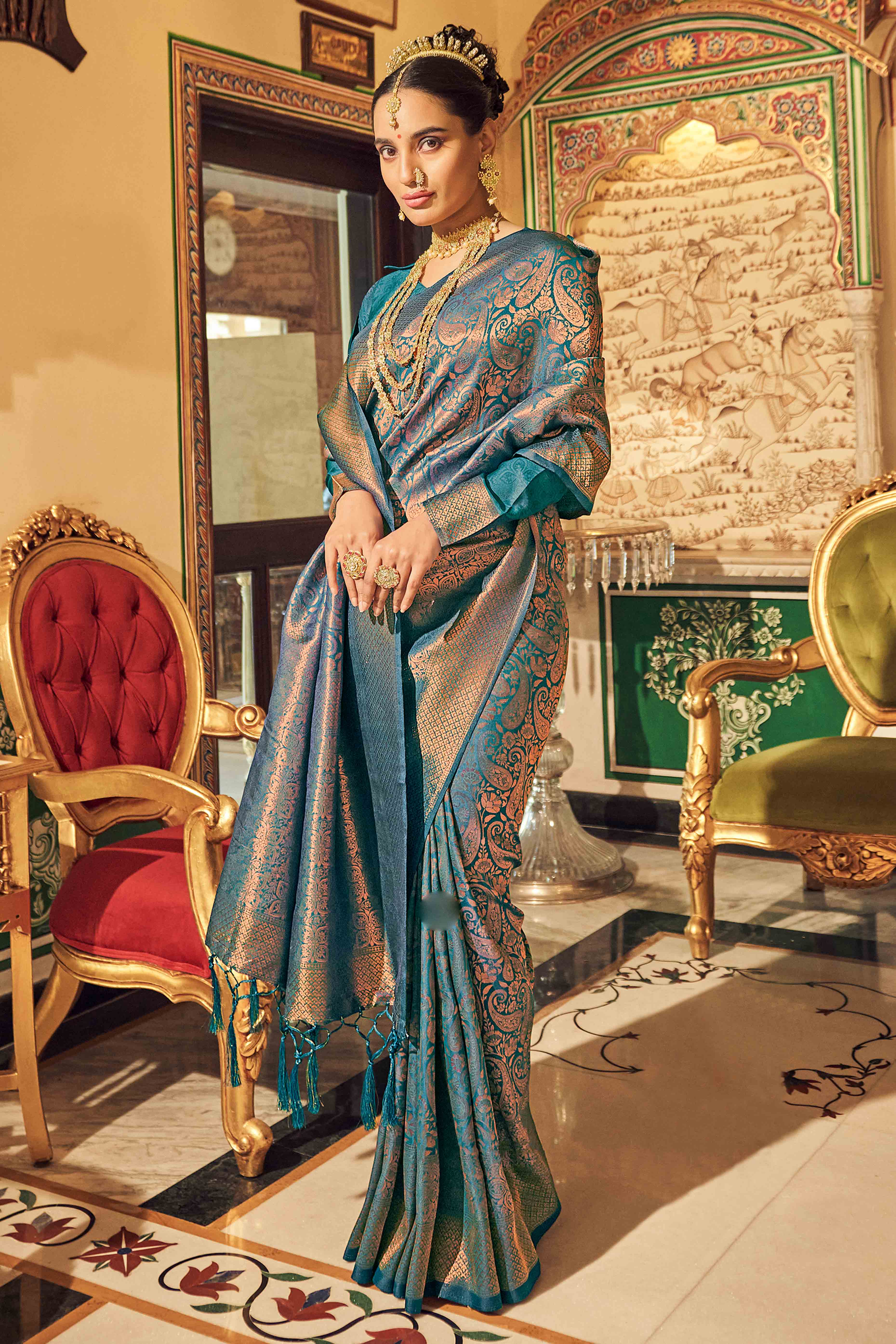 Morpich Green Floral Zari Woven Kanjivaram SIlk Saree